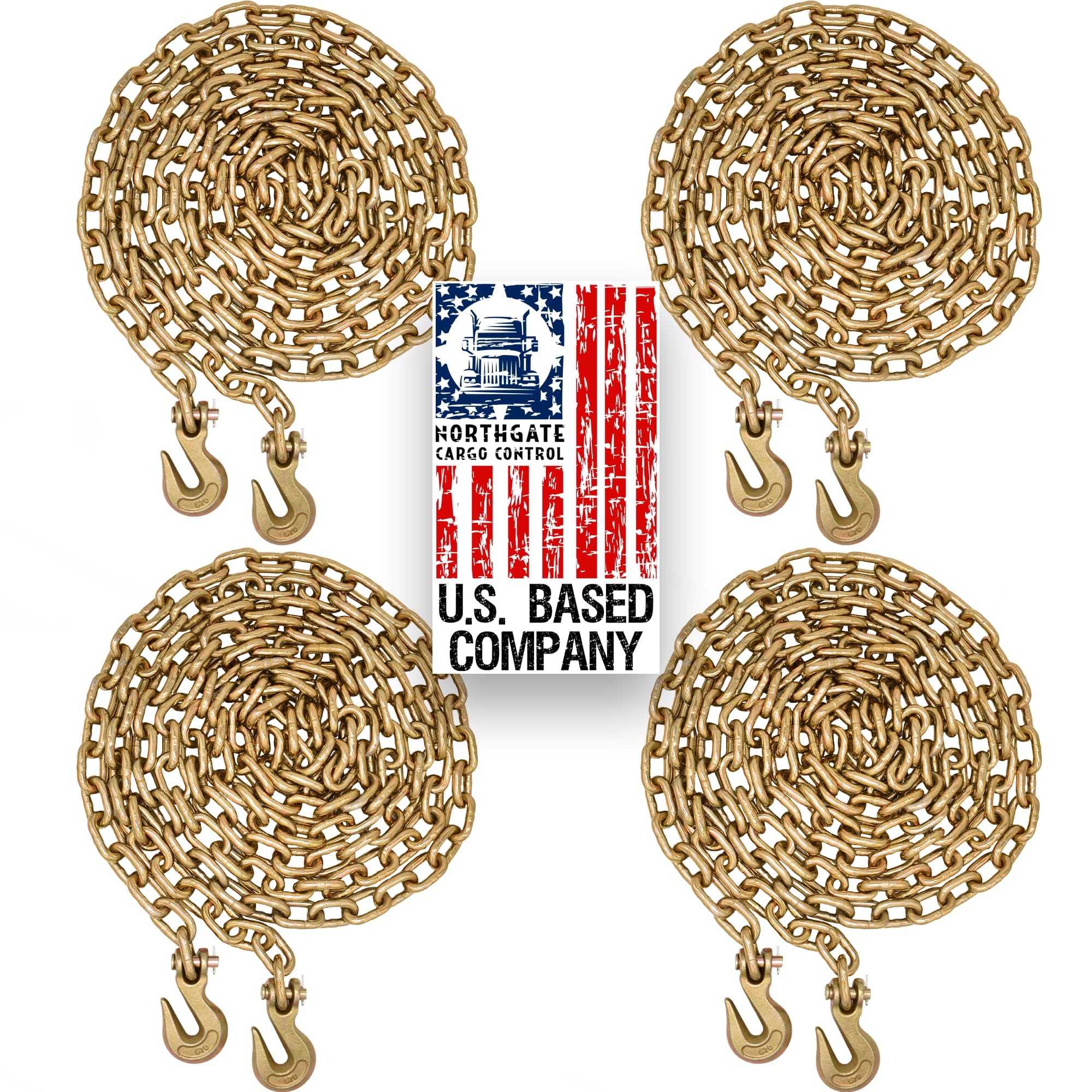 Northgate Cargo Control Heavy Duty Tow Chain - 3/8" Grade 70 Chain with Clevis Grab Hooks - G70 Load Binder Chain, 20 ft Long, 6,600 lbs WLL - Pack of 4