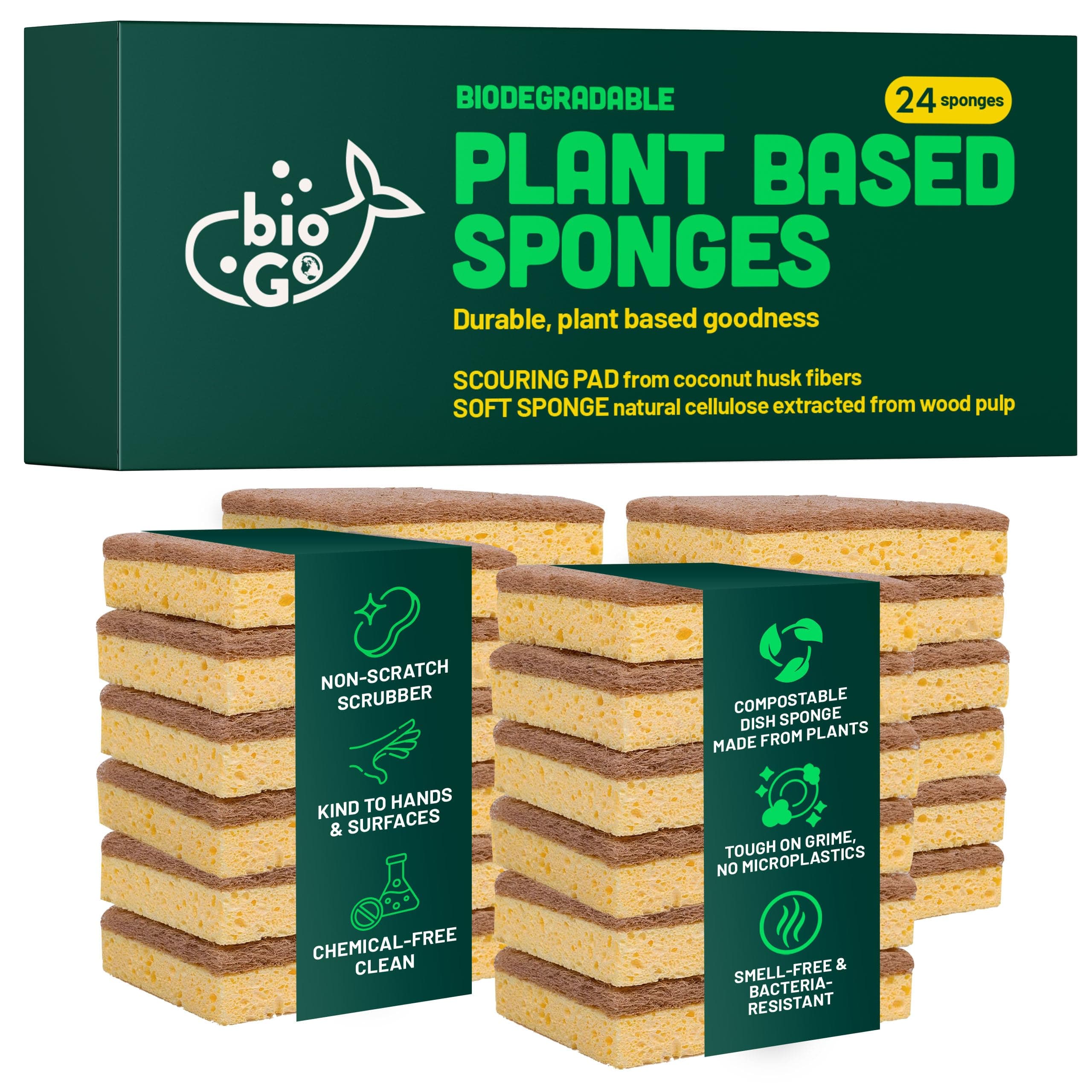 24 Pack Biodegradable Kitchen Sponges - Eco-Friendly, Compostable, Natural Cellulose Dish Sponge - Washing Up - Biodegradable Kitchen