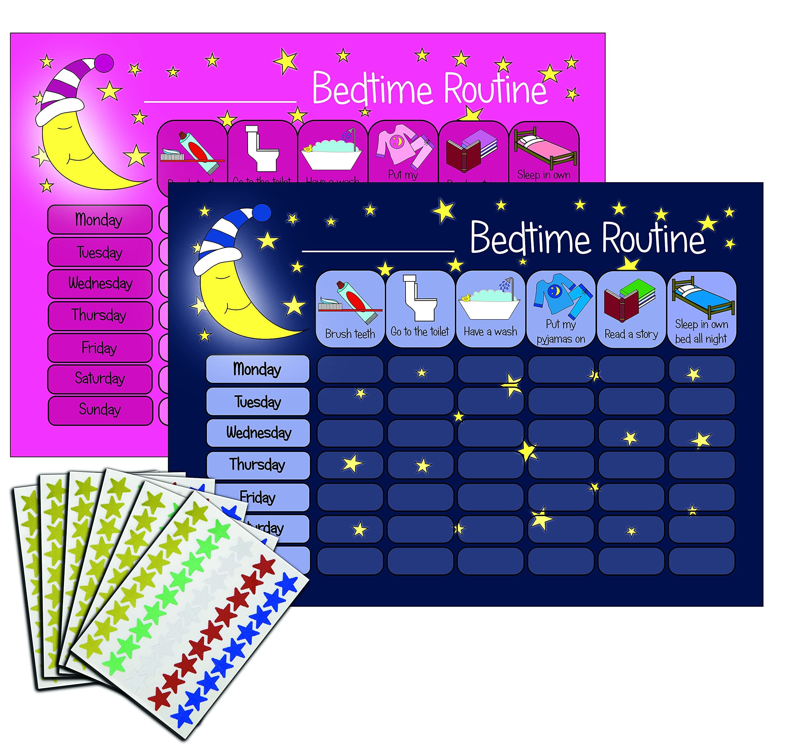 kids2learnChildren's Bedtime Routine Chart Reward Chart for Sleep Training Twin Pack (Dark Blue & Pink) for boys girls toddlers With 270 Star Reward Stickers Included