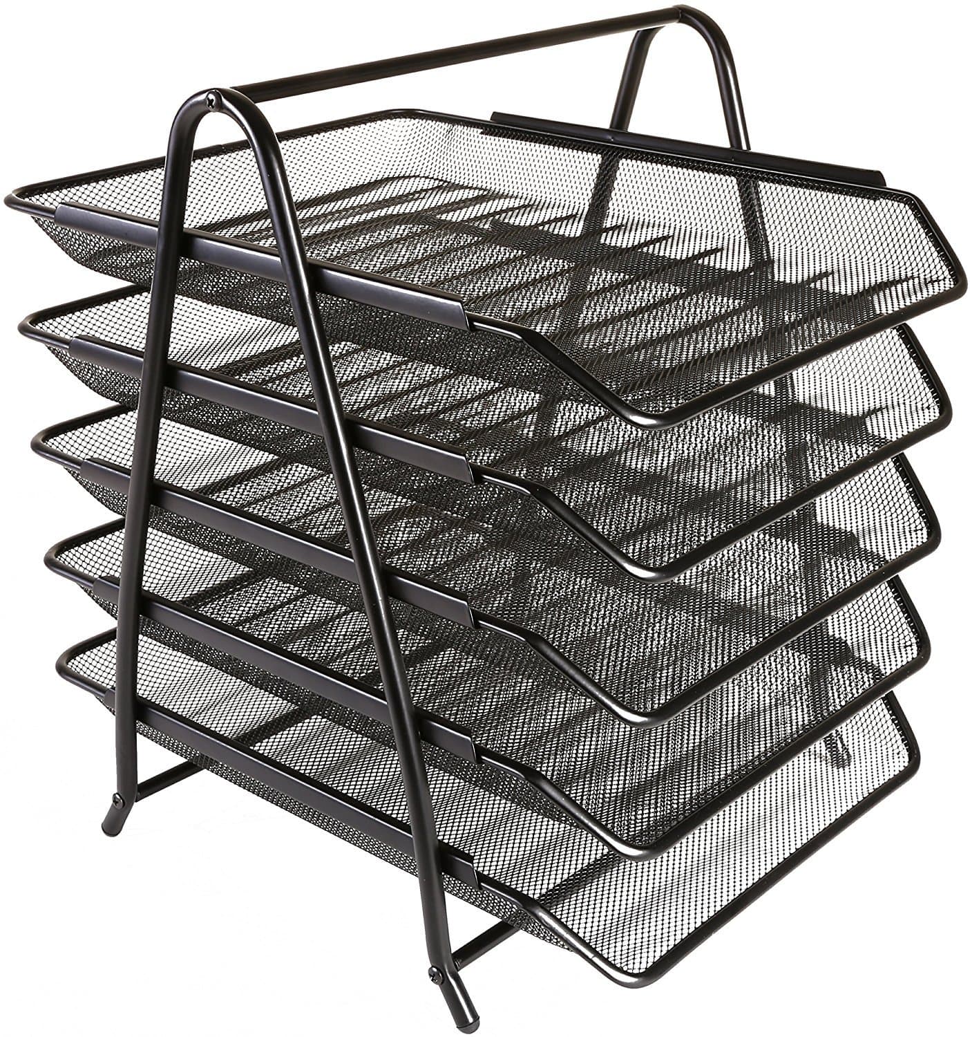 Mesh Letter Tray 2, 3-and 4 Tier Scratch-resistant Stackable Front-load Portrait Foolscap Black (5 Tier)