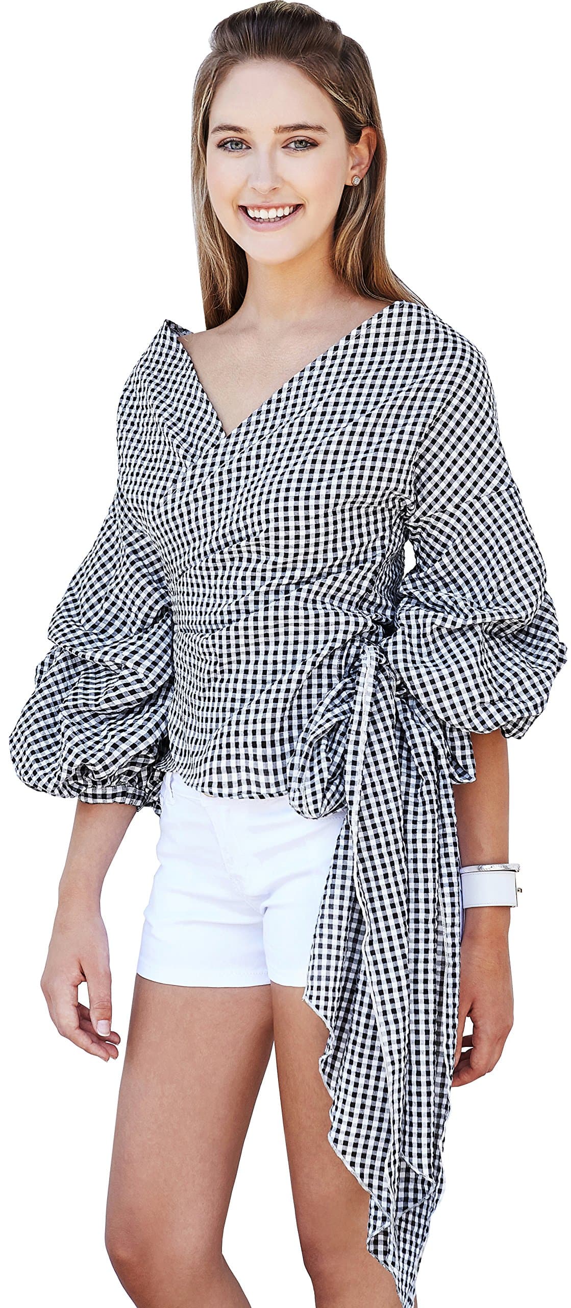 Women's Deep V Neck Lantern Sleeves Side Knot Wrap Blue and Black Plaid Blouse Shirt