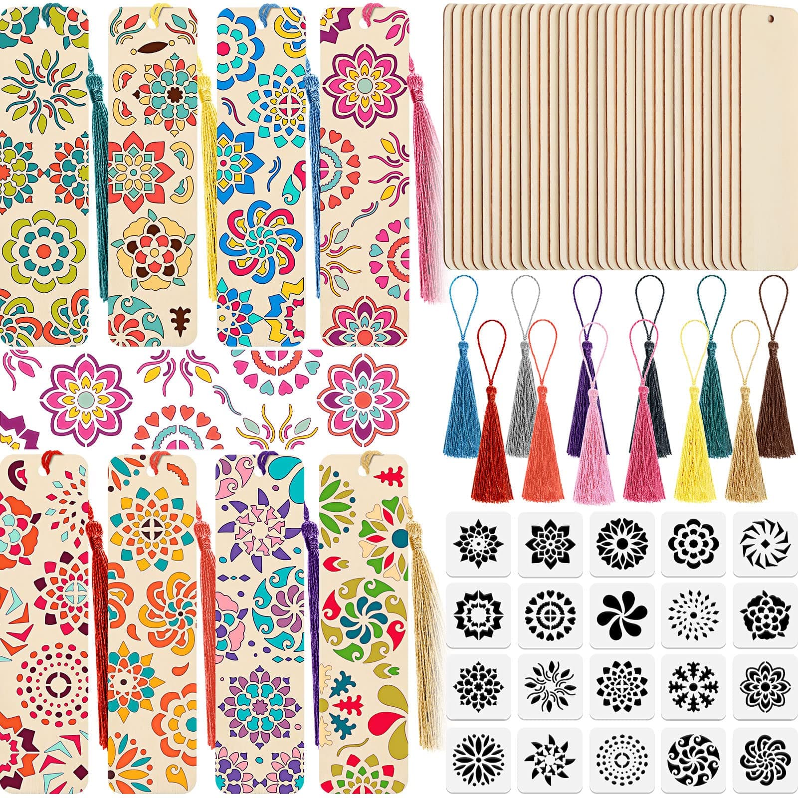 TaoBary 92 Pcs Large Size Wood Bookmark Making Kit Includes 36 Unfinished Blank Bookmarks 36 Tassels 20 Templates Craft DIY Crafts, Painting, Valentine's Day, Mother's Day Gift(Floral, 6 x 2 Inch)