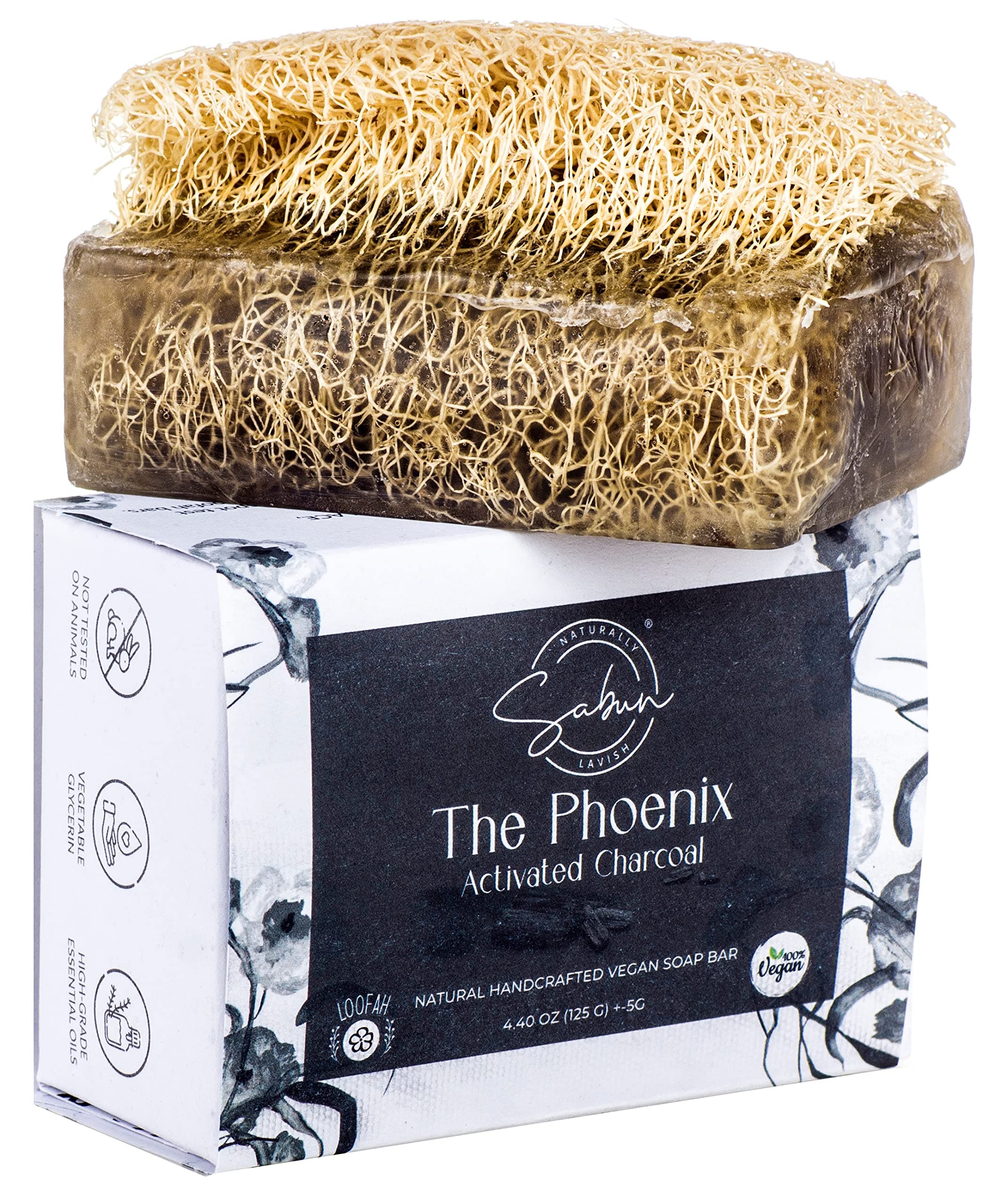 SABUN CO. Activated Charcoal - Natural Exfoliating Loofah Soap Bar - Handmade, Moisturizing Soap with Loofah Inside | Face & Body Scrub Bar [4.40 oz - 125 gr]