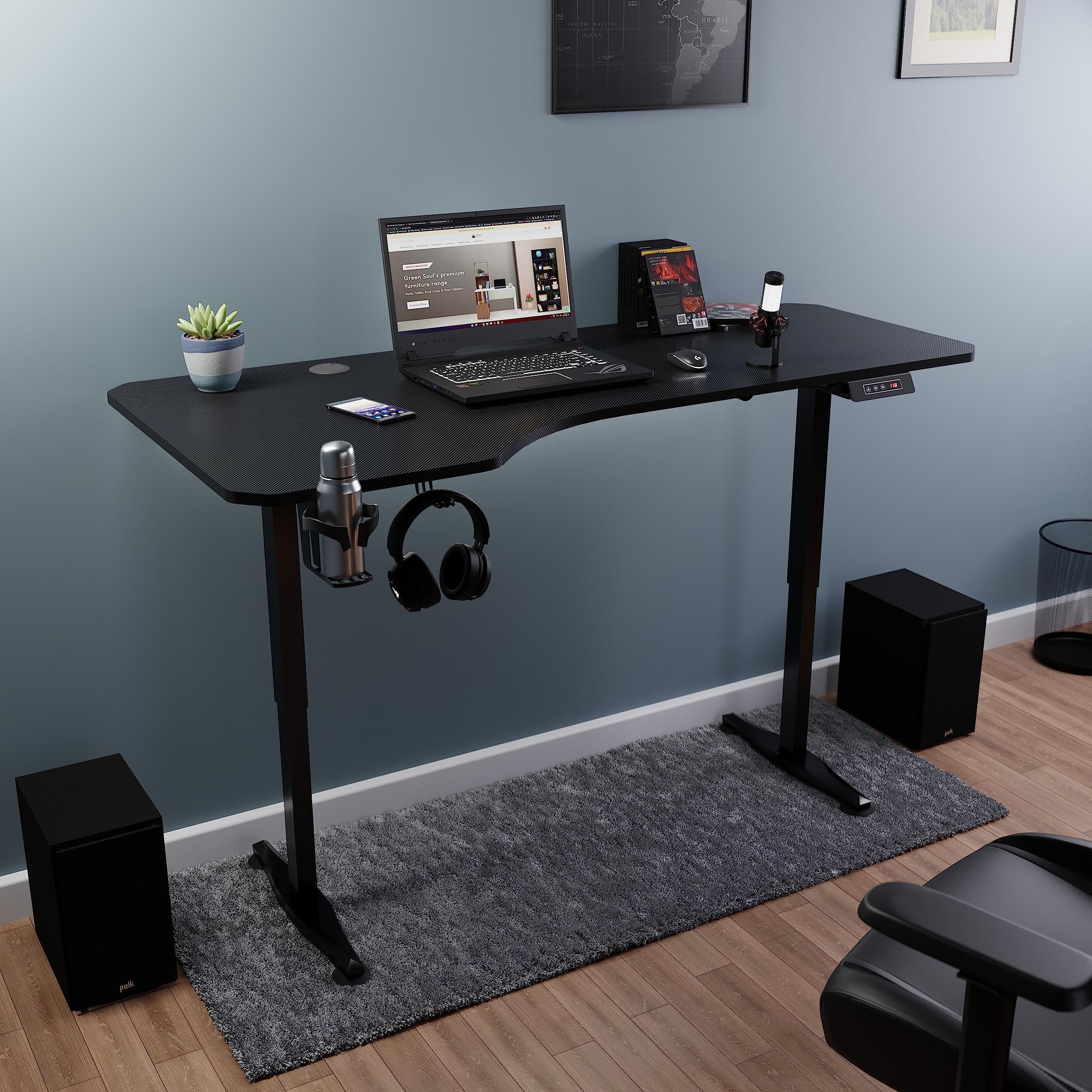 Green Soul Trigger Height Adjustable Standing Desk | Ergonomic Design Table Top (5.3 Ft) | 80 KG Lifting Capacity | Digital Display with Memory Preset | 3 Year Warranty | (Black 1600 x 750 Top)