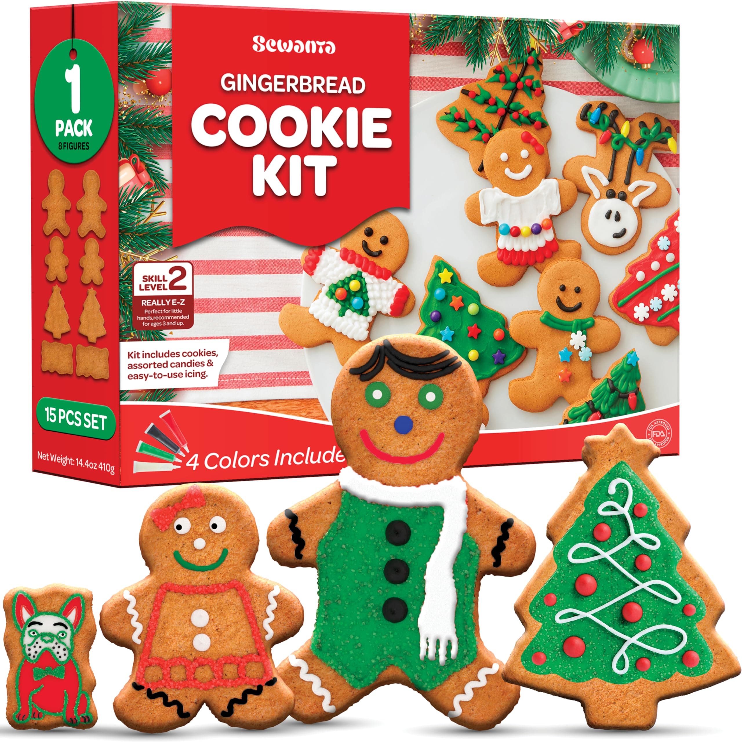 Gingerbread Cookie Kit [Set of 8] Cookie decorating kit: 2 Moms/Dads 2 Boys/Girls, Dog & Cat. Holiday Fun Activity for Kids - Kit Includes 16 Cookies/Tray/8 Color Tips/4 color Crystals (15 Pcs Set)