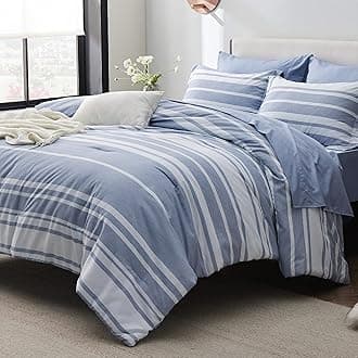 Full Comforter Set 7 Pieces, Blue Striped Bedding Set for All Seasons, Reversible, Cationic Dyeing Bed in a Bag with Comforter, Sheets, Pillowcases & Shams