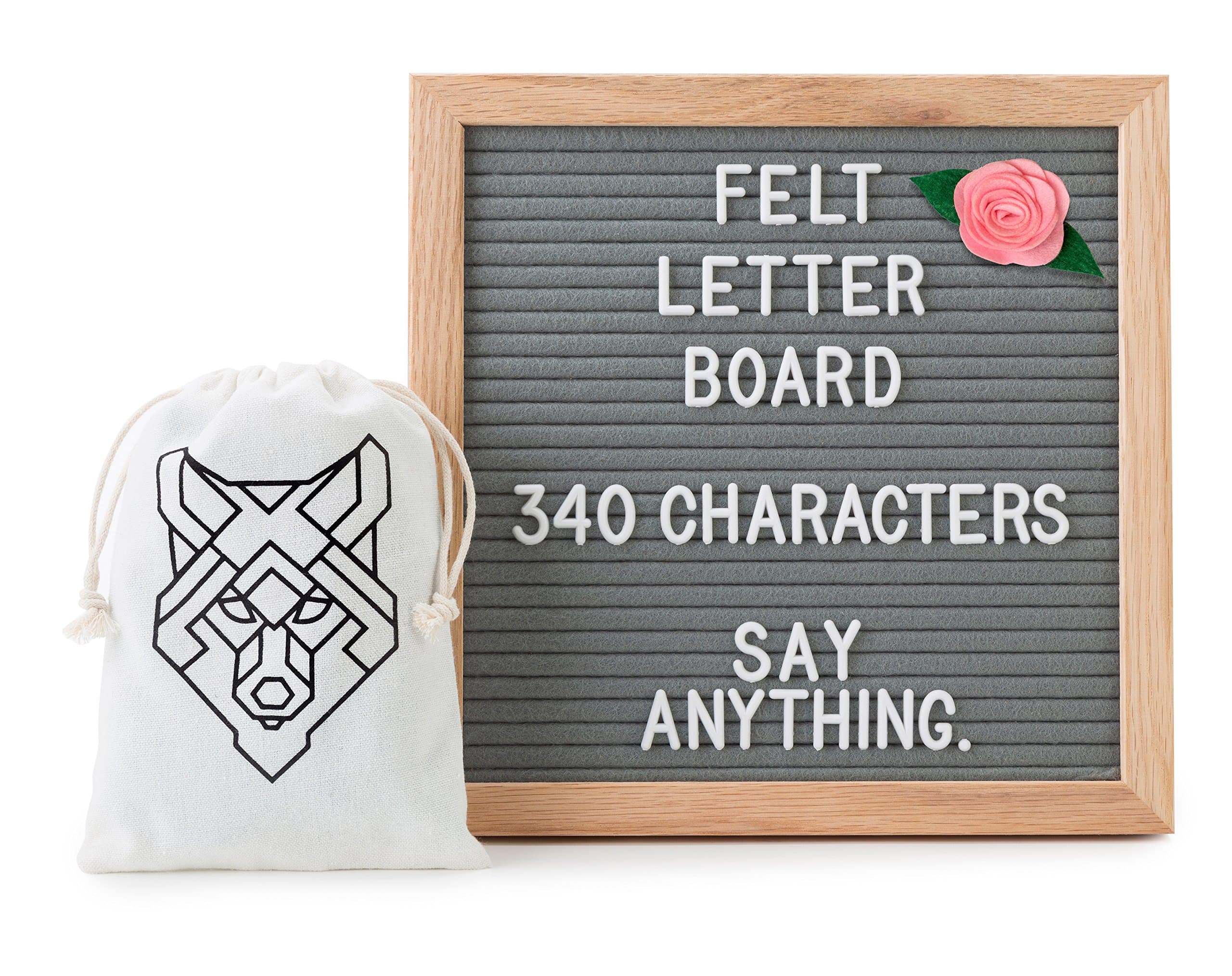 Gray Felt Letter Board - 10x10 - Changeable Letter Boards Include 340 White Letters - Stylish Canvas Storage Bag - Pink Felt Flower - Attachable Stand and Wall Mount - Solid Oak Frame