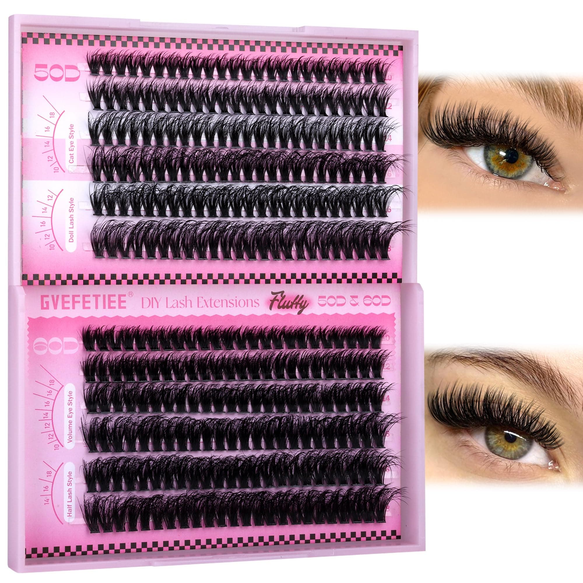 Cluster Lashes Fluffy Individual Lashes Volume Lash Extensions 50D+60D Eyelash Clusters Wispy Lash Clusters 288pcs Eyelash Extensions 10-18mm Russian Cluster Lashes by GVEFETIEE