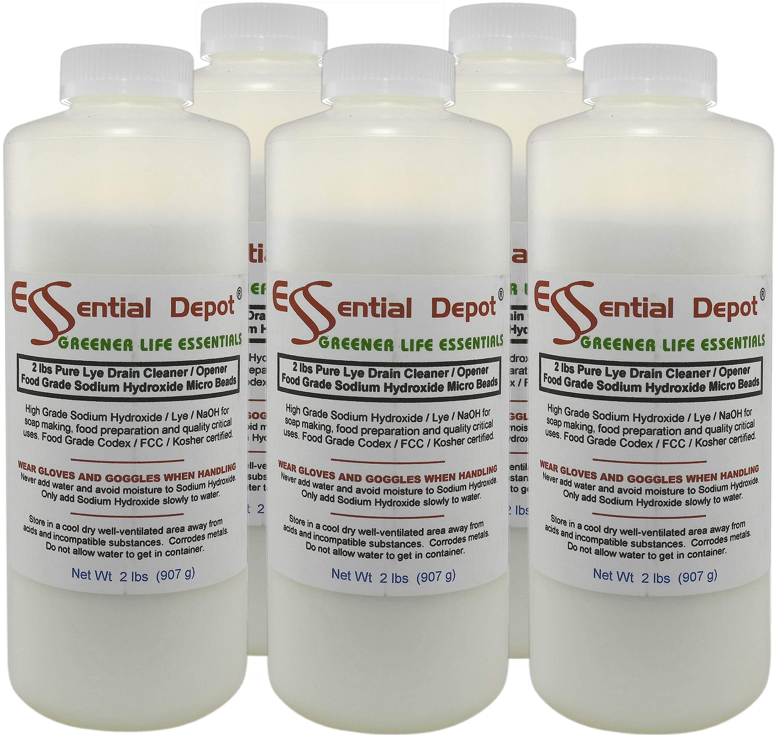 10 lbs Food Grade Sodium Hydroxide Lye Evenly-Sized Micro Pels (Beads or Particles) - 5 x 2lb Bottles - Lye Drain Cleaner (U.S, Alaska, Hawaii, Puerto Rico, Territories, APO/FPO)