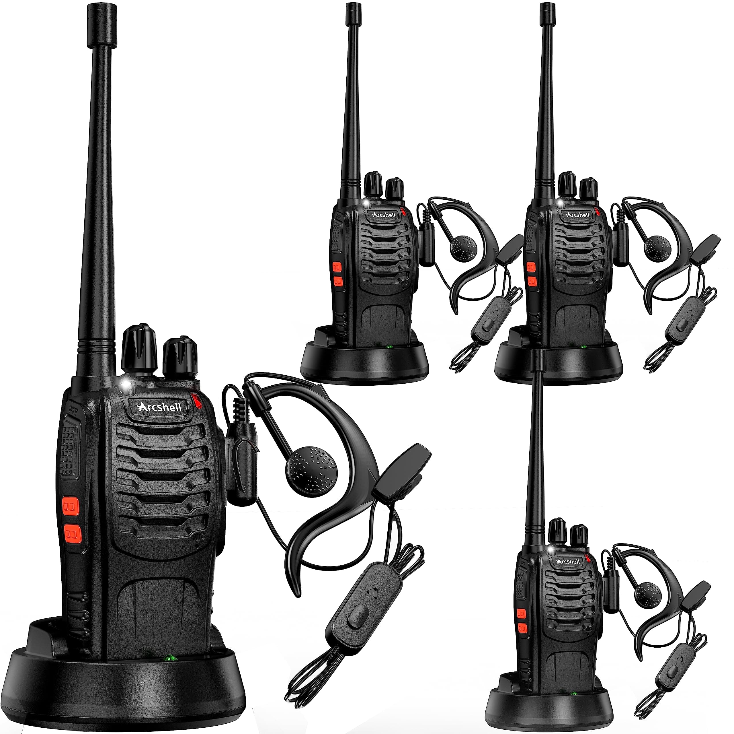 Rechargeable Long Range Two-Way Radios with Earpiece 4 Pack Arcshell AR-5 Walkie Talkies Li-ion Battery and Charger Included