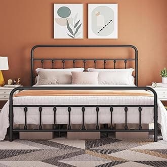 Topeakmart California King Size Victorian Style Metal Bed Frame with Headboard/Mattress Foundation/No Box Spring Needed/Under Bed Storage/Strong Slat Support Black