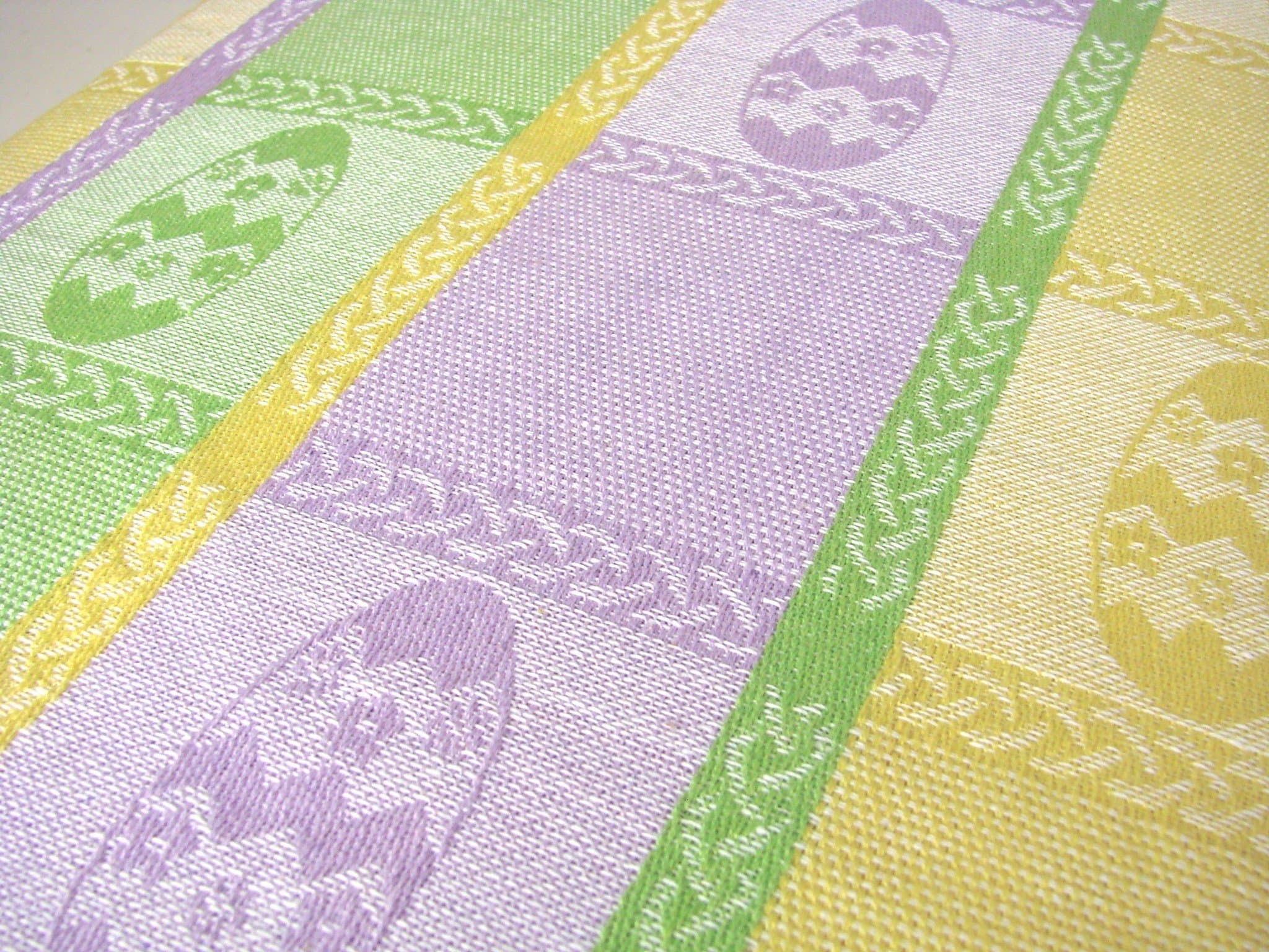 ec-m84n8 Decorated Easter Egg Jacquard Stripe Cotton SET 84 x 60" Tablecloth & 8 Dinner Napkins, Purple Yellow Green