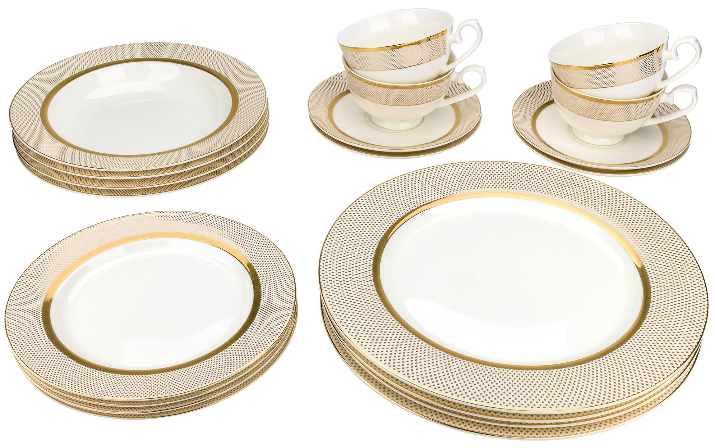 6281, Gold-Plated Dinnerware Set, Dinner Service for Four, 20-Piece Set: 4 Dinner Plates, 4 Soup Plates, 4 Dessert Plates, 4 Tea Cups with 4 Saucers