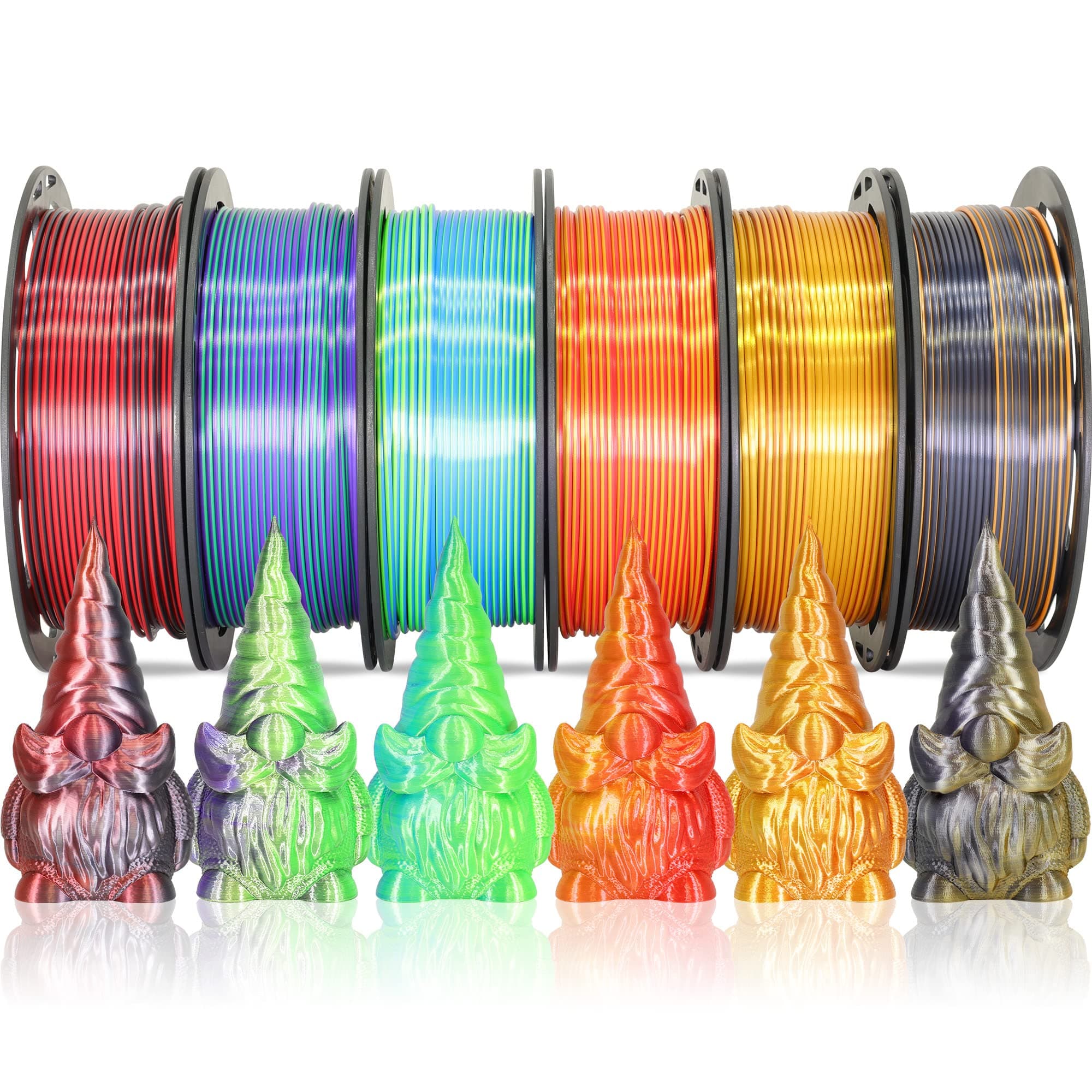 MIKA3D 6 Spools Bicolor Dual Color 1.75mm 3D Printer Filament Bundle, 3D Printing Silk PLA, Silk Black-Red/Purple-Green/Blue-Green/Red-Gold/Gold-Copper/Black-Orange, 3D Printing PLA 250g X 6 Spools