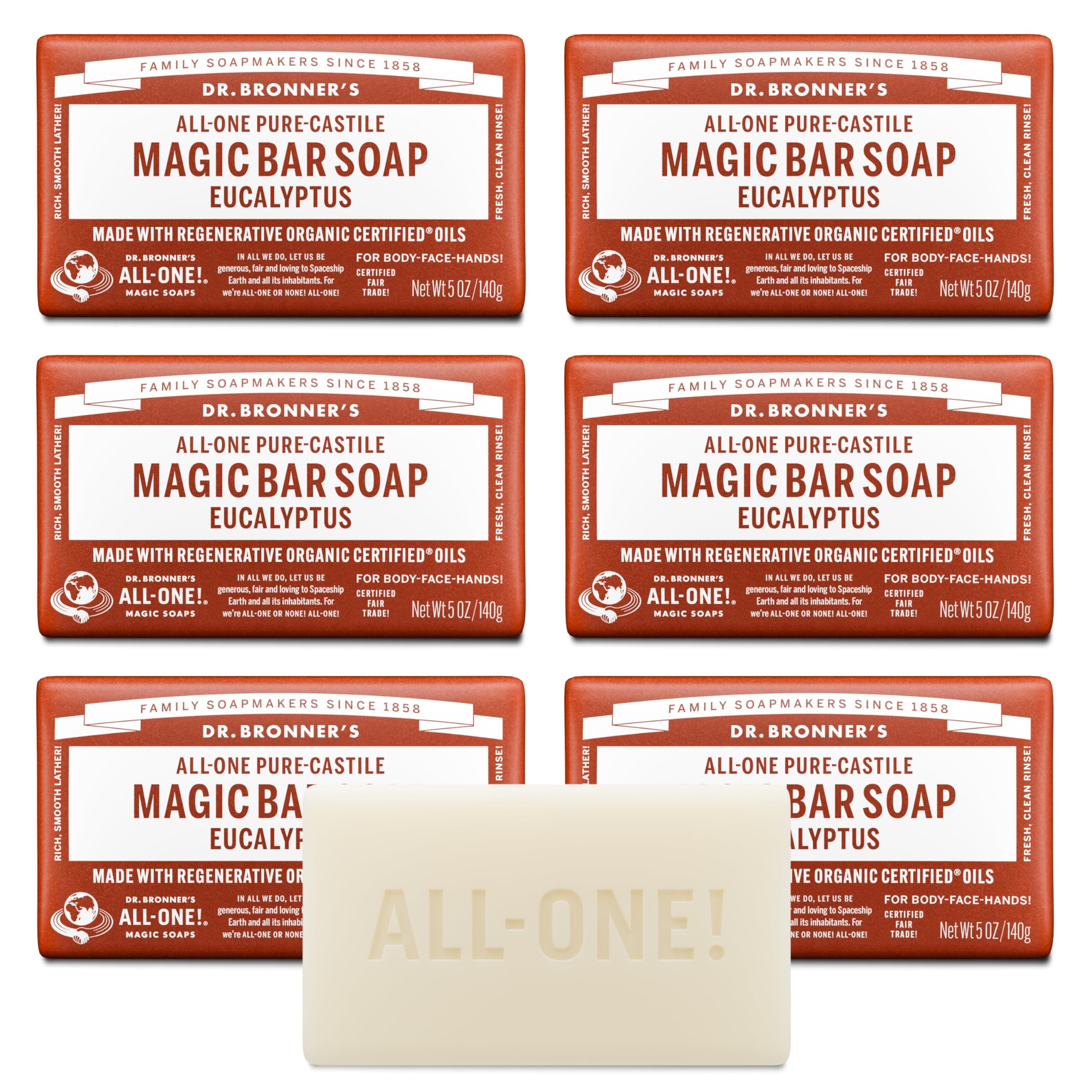Dr. Bronner's Pure-Castile Magic Soap Bars (Eucalyptus, 5 oz, 6-Pack)- Made with Regenerative Organic Certified Oils for Face, Body & Hair - Gentle, Vegan- Bar Soaps for Men & Women
