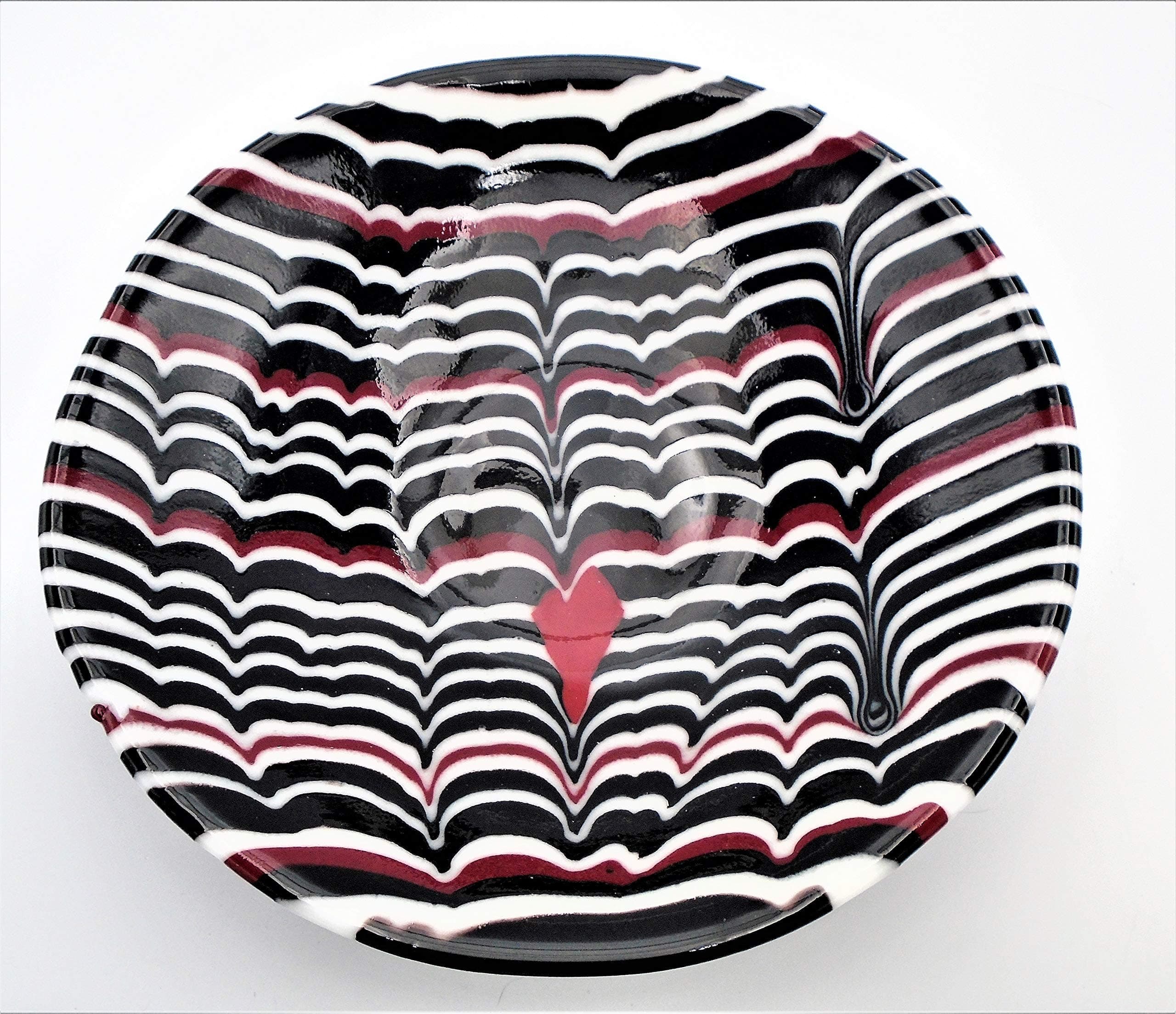 Decorative Black Red White Combed 12 Inch Serving Bowl Handcrafted Fused Glass