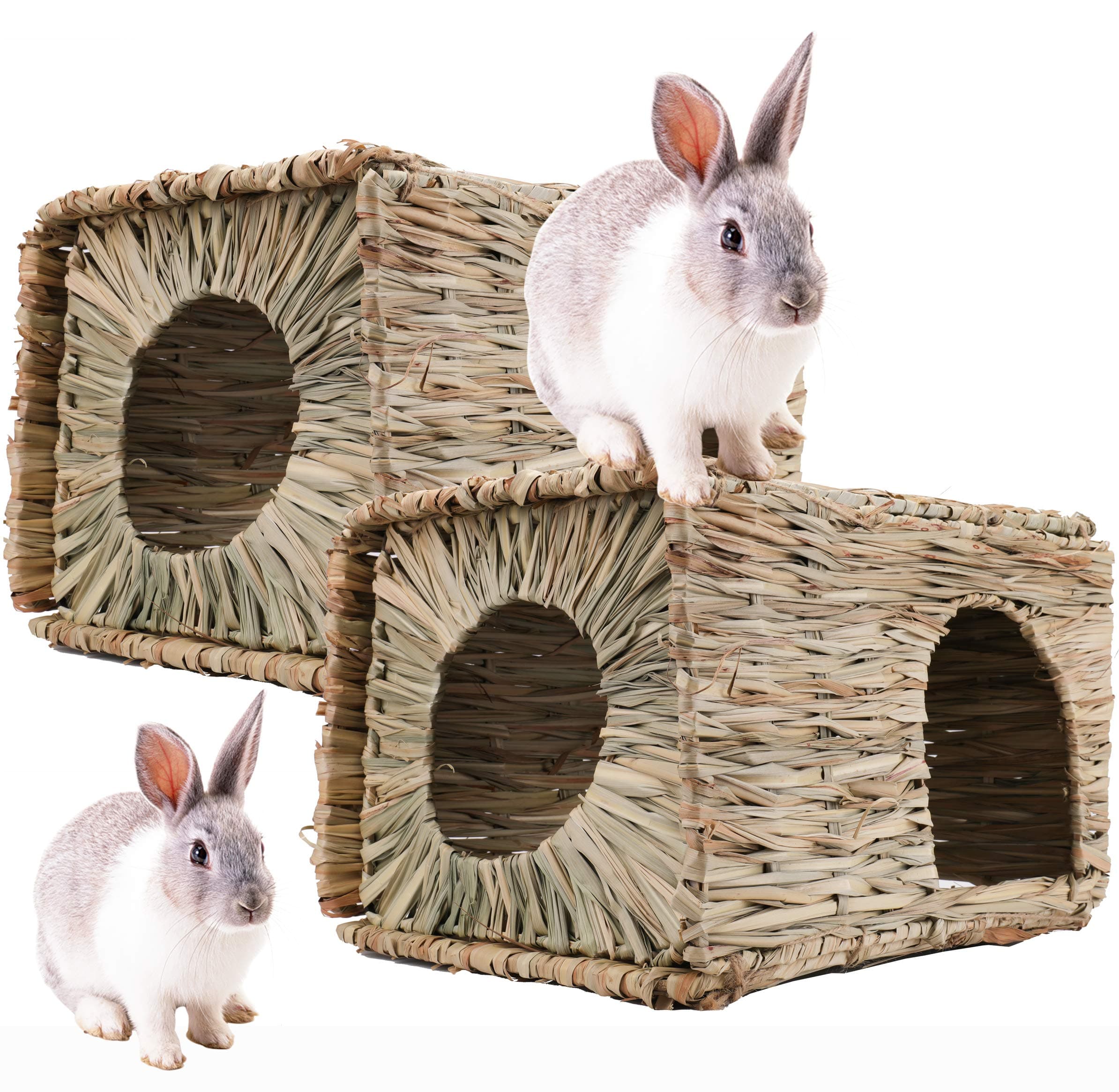 WUWEOT 2 Pack Large Grass House, Foldable Hand-Made Woven Hut for Bunnies, Guinea Pigs, Gerbils, Hamster and Small Animals, Safe and Comfortable Playhouse for Laying or Sleeping (14ââ‚¬Â11ââ‚¬Â10ââ‚¬Â)