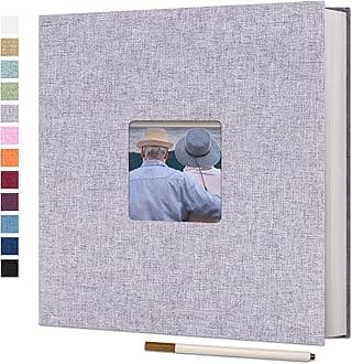 Self Adhesive Photo Album Magnetic Scrapbook Album 40 Magnetic Double Sided Pages Fabric Hardcover DIY Photo Album Length 11 x Width 10.6 (Inches) with A Metallic Pen (Grey)