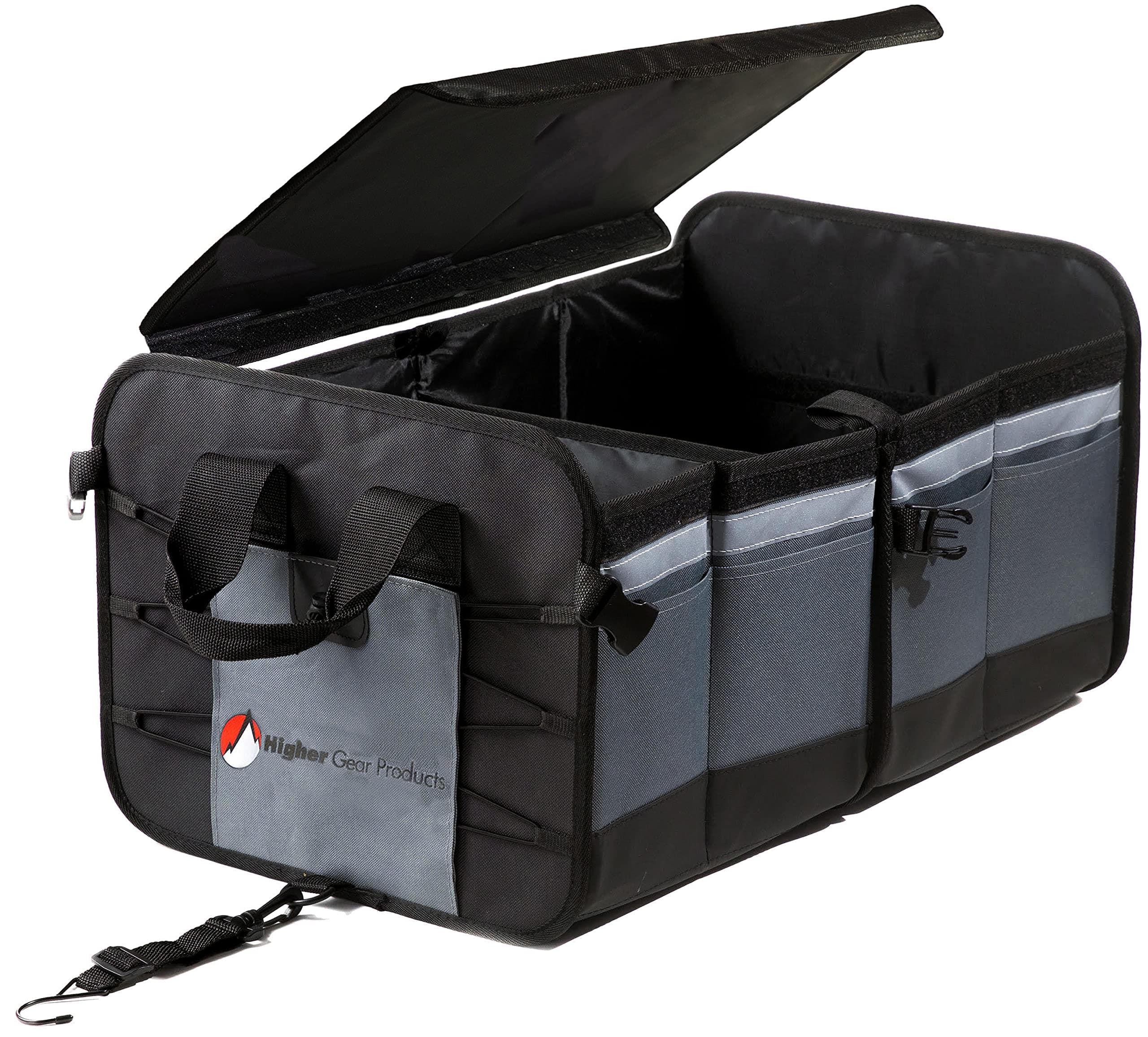 Higher Gear Large Car Organizer - Collapsible, Multi Compartment Trunk Organizer for SUV - Non-Slip Bottom, Adjustable Securing Straps & Foldable Cover - Perfect Storage & Organization Solution (Gray)
