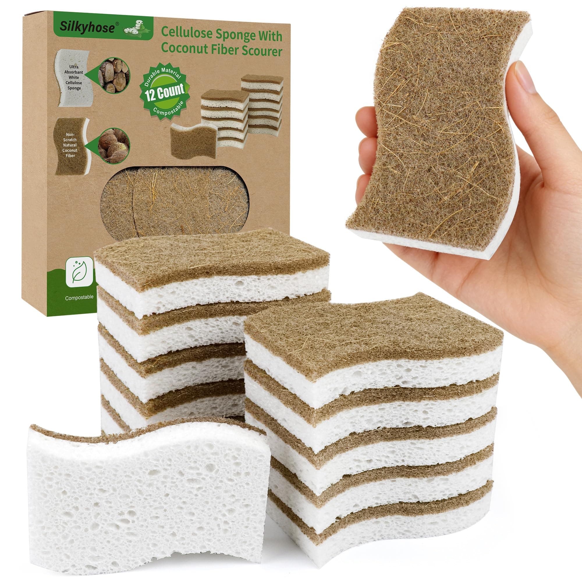 Natural Kitchen Sponges, Biodegradable & Compostable | Non-Scratch Cellulose Coconut Fiber Sponges for Dishes, Pots & Pans | Eco-Friendly Cleaning Sponge (12)