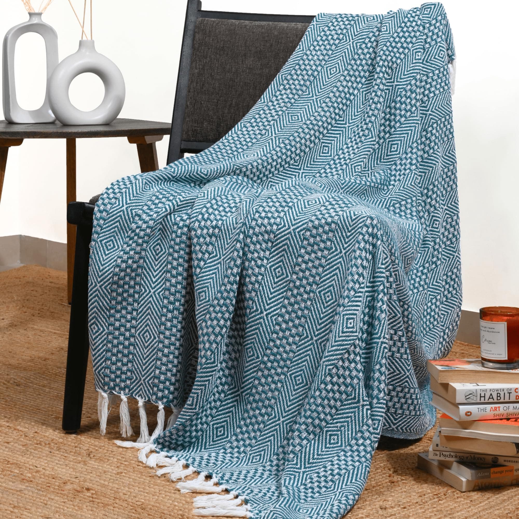 RAJRANG Teal Blue Throw Blanket for Sofa and Couch Soft Cotton Reversible Geomatric Single Bed Throws Boho Indian Decorative Arm Chair Settee Cover 127 x 152 cm