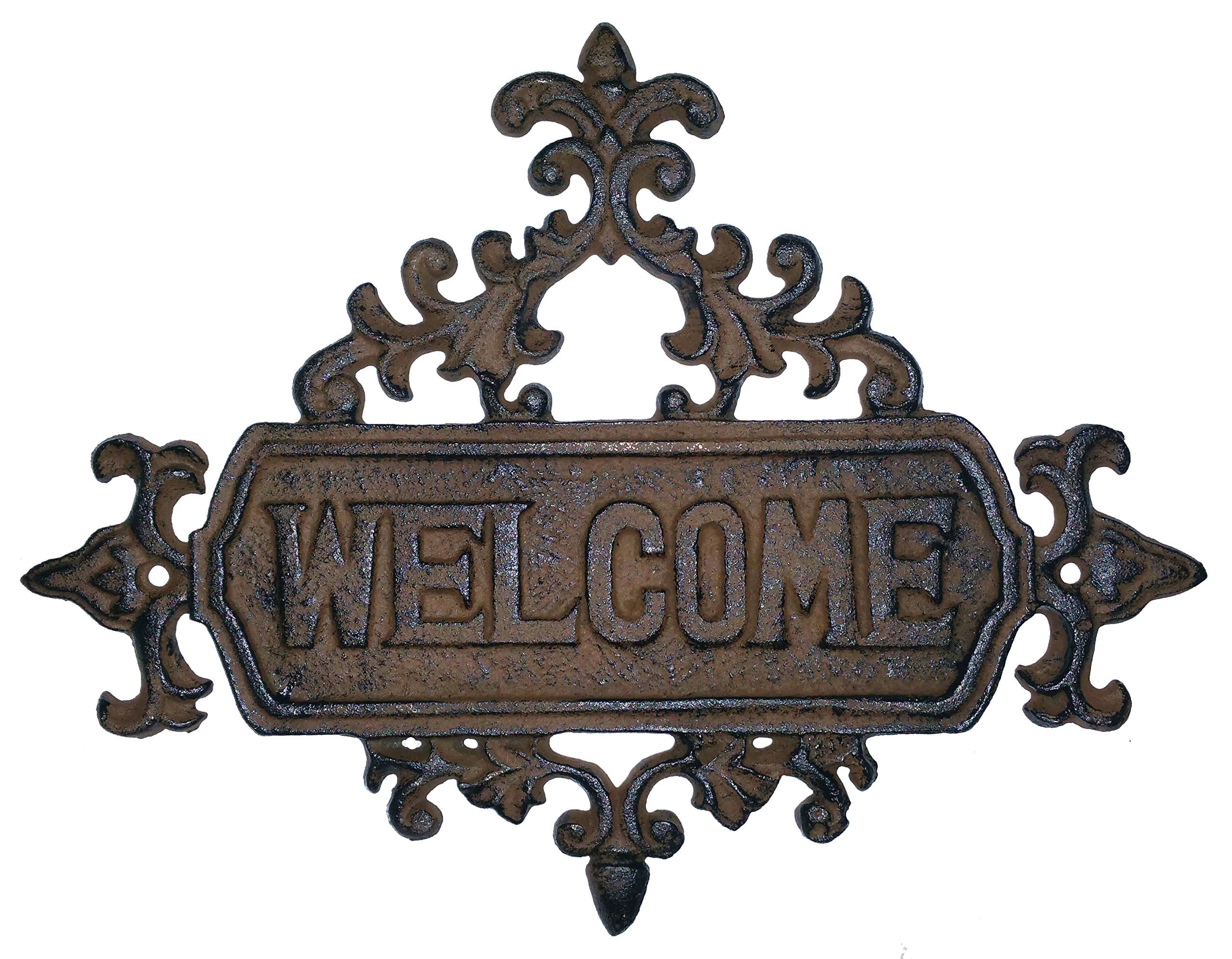 TLT Charming Scrolled Fleur De Lis Welcome Plaque - Brushed Brown Antique Finish