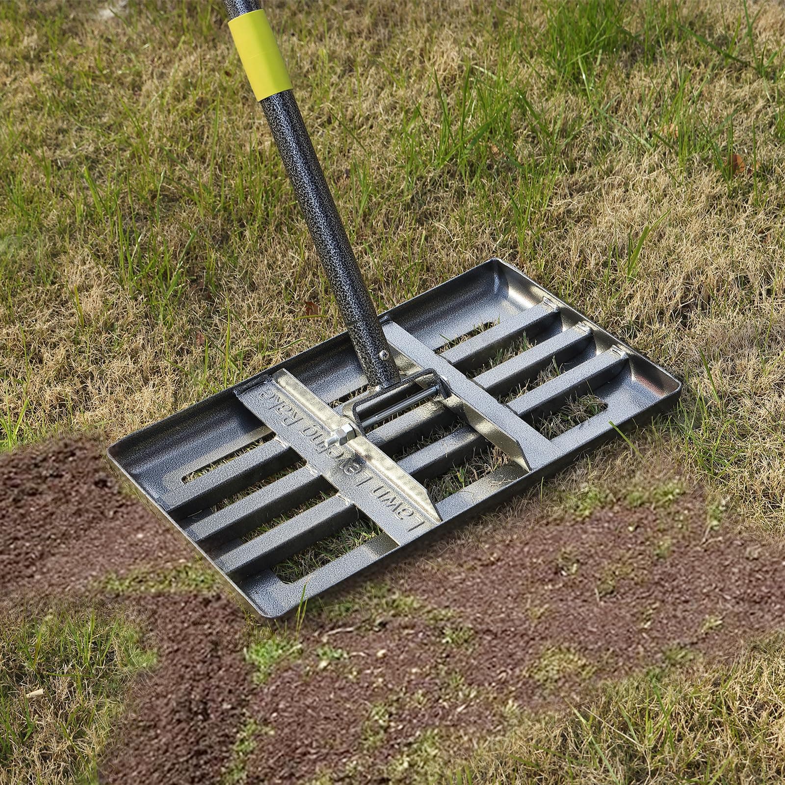 FLY HAWK Lawn Leveling Rake | Levelawn Tool | Level Soil or Dirt Ground Surfaces Easily | 18” x 10” Ground Plate | rakes for lawns heavy duty 72” Extra Long Handle | Extracted iron metal Black