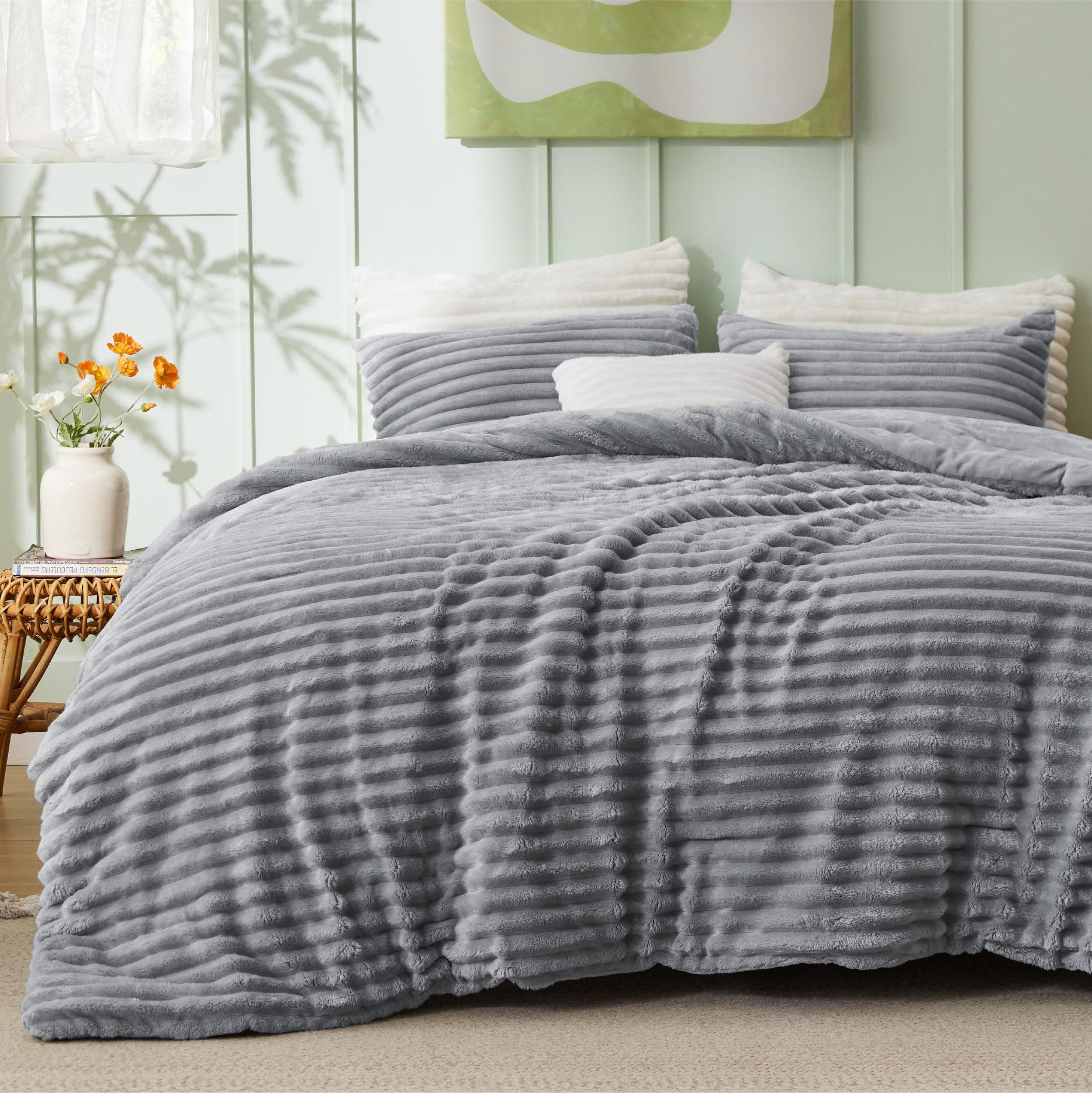 Full Size Comforter Sets - GentleSoft™ 3 Pieces Double-Side Fleece Fluffy Grey Comforter Set, Cozy Striped Room Decor Aesthetic, Luxury Full Size Bedding, 2 Pillowcases, 82x86 Inches