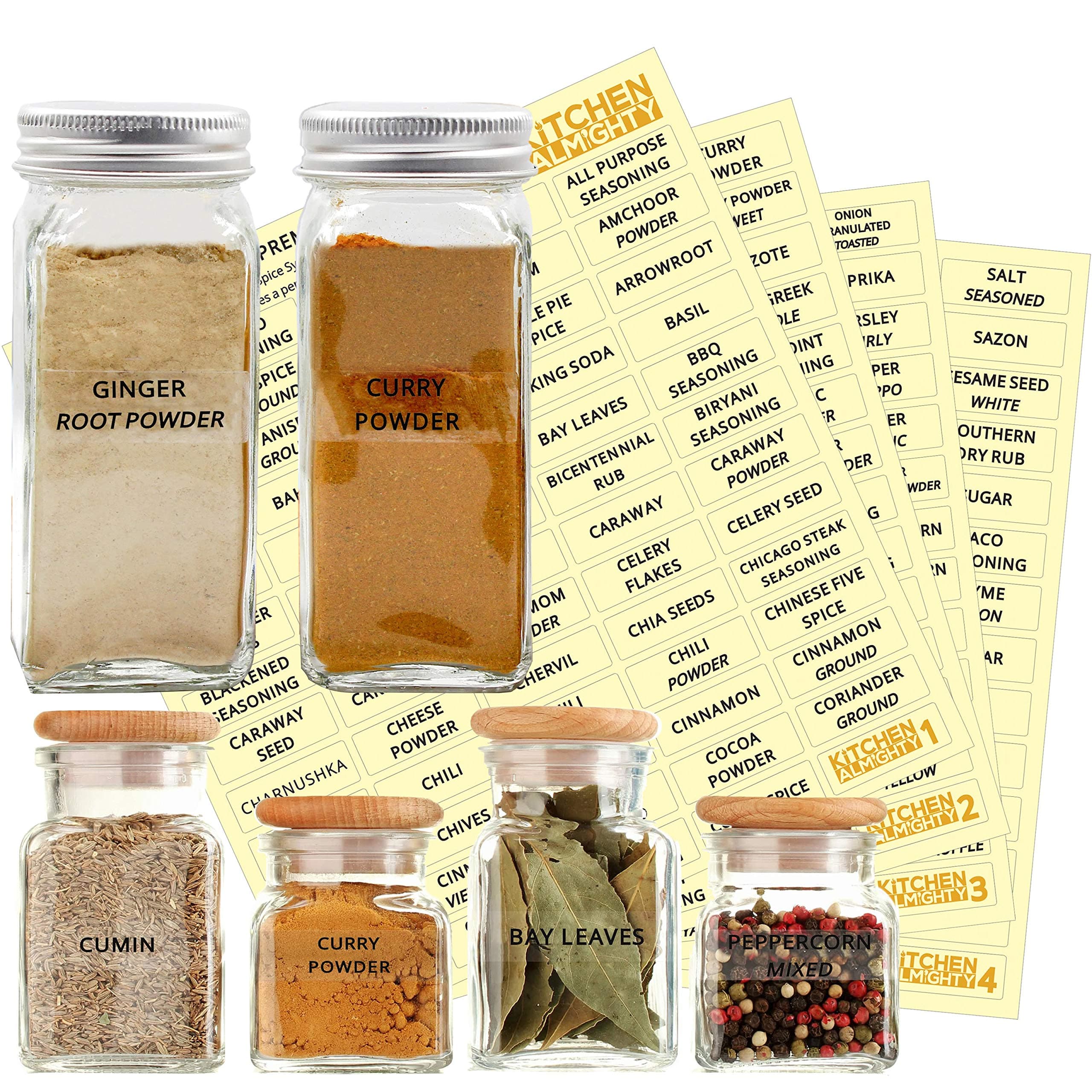 KITCHEN ALMIGHTY 271 Spice Labels: 242 Spice/Herb Names + 29 Blank Labels | Thicker Labels & Backing Paper | Alphabetized Spice Label System Clear Round Corner PET Stickers and Black Letters