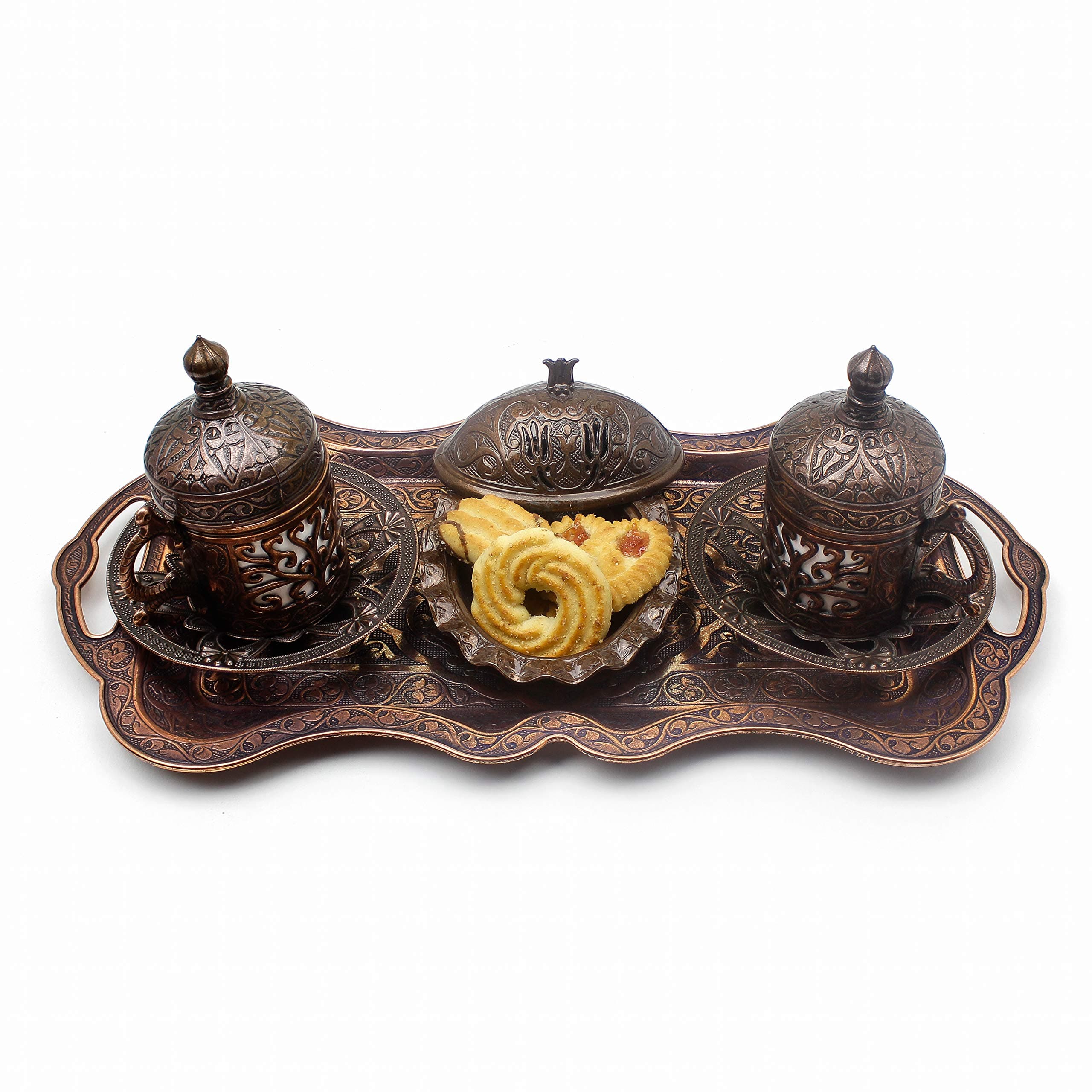 Coffee Set: 2 Cup Turkish Coffee Cup Set, Sweets Plate, Original Cast Copper | Turkish Copper Coffee Cup Set with Ottoman Cups | Set of 2