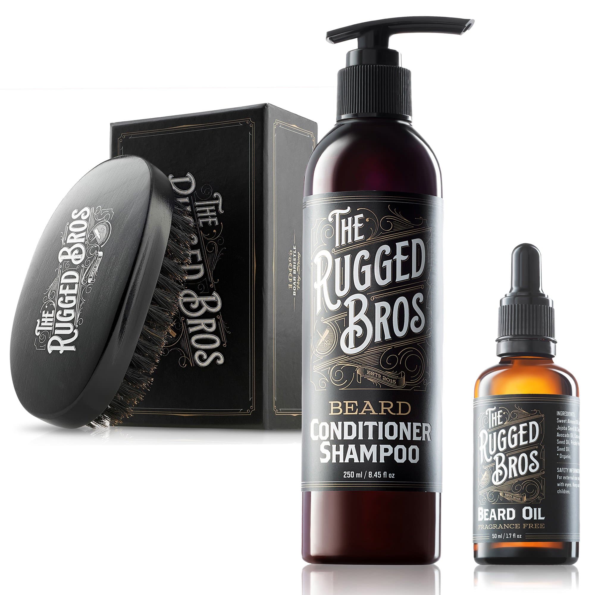 Beard Kit for Men by The Rugged Bros - Unscented Beard Oil, Beard Brush, and Beard Conditioner - for Beard Growth, Care, and Grooming - Stocking Stuffer Gift