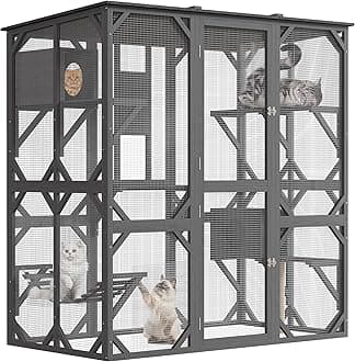 GarveeLife 70in Extra Large Walk-in Catio with Window Access, Outdoor Waterproof Roof Cat Enclosure for Multiple Cats, Cattery with Bridge and Scratching Post Grey