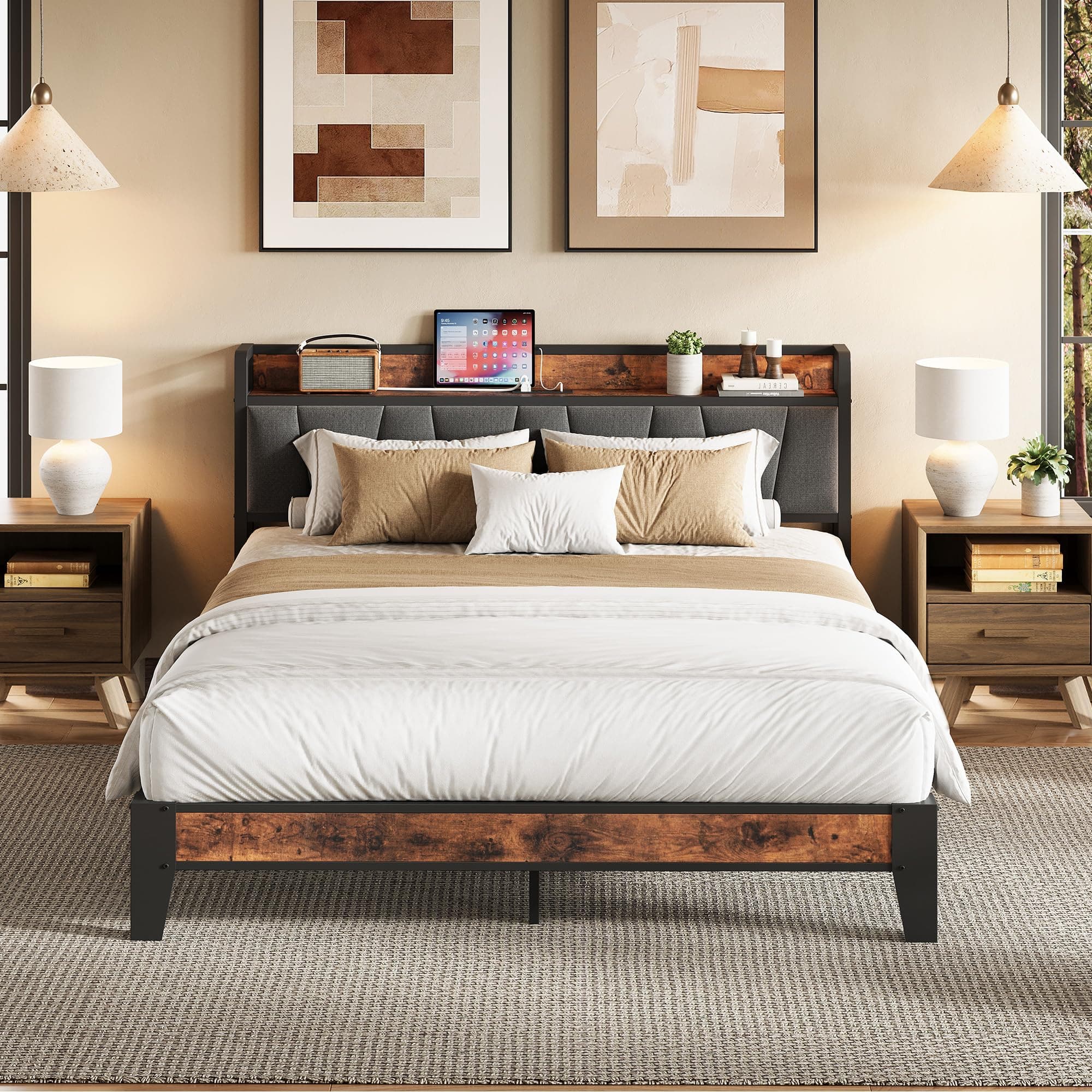 LIKIMIO Full Bed Frame, Storage Headboard with Charging Station, Solid and Stable, Noise Free, No Box Spring Needed, Easy Assembly