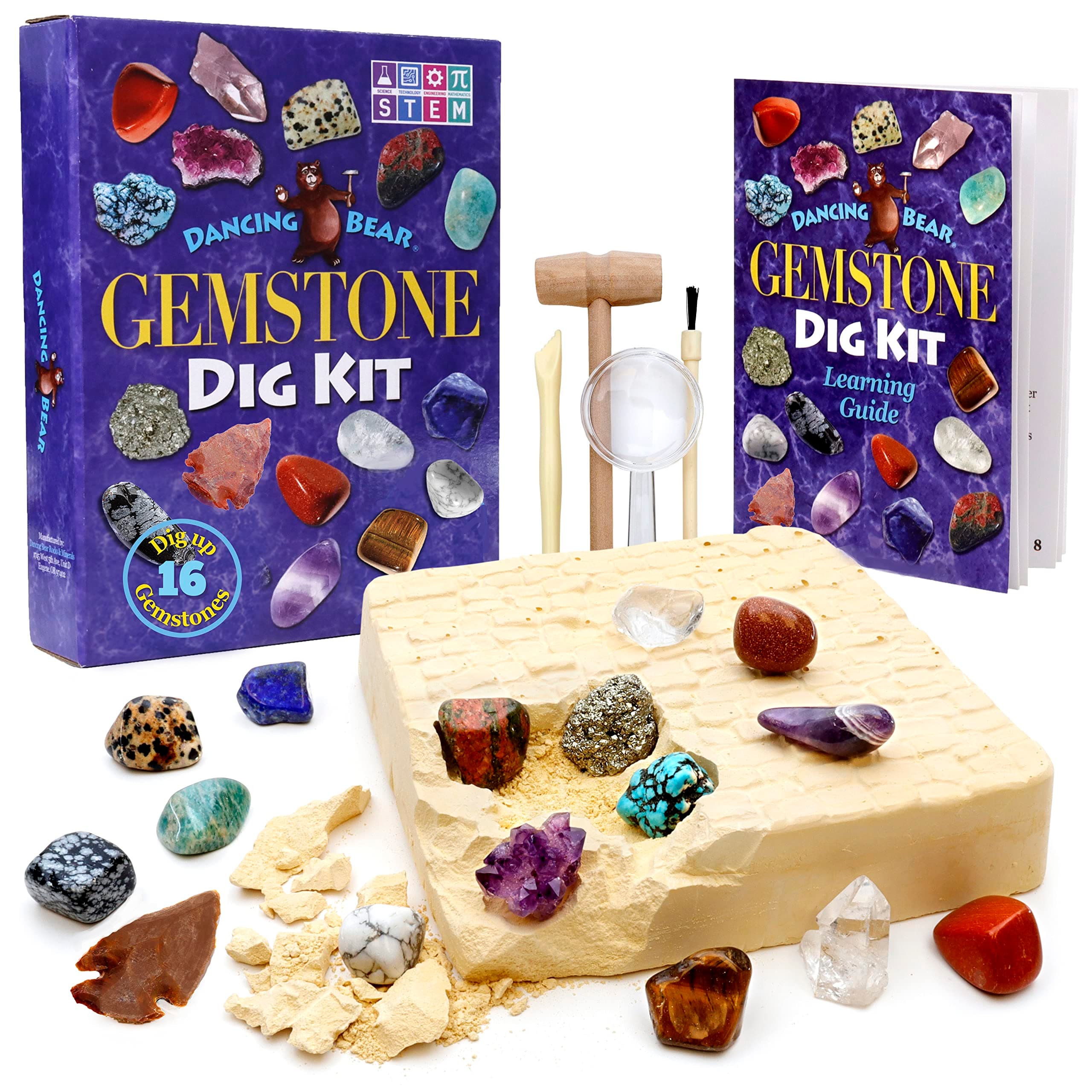 DANCING BEAR Gem stone Dig Kit, Excavate 16 Real Gems & Crystals including Arrowheads, Quartz Point and Amethyst, STEM Education for Kids, Fun Rock Mining Science Activity Gift Sets for Girls and Boys