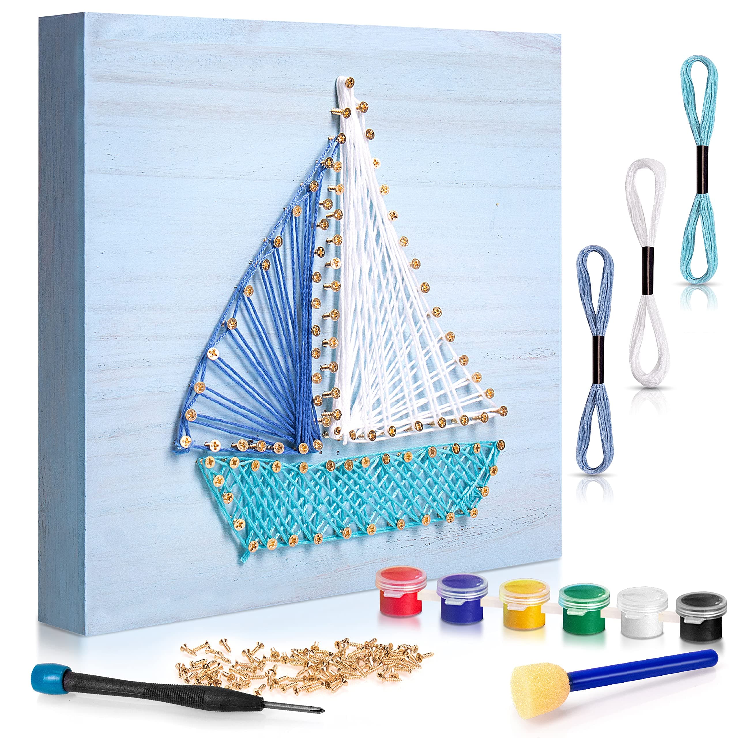 Superkit Boat String Art Kit: Complete 3D Wood DIY Art Craft Set, Marked Holes, 3 Colored Skeins, Screws, Screwdriver, Paints, Foam Brush, Ages 7+