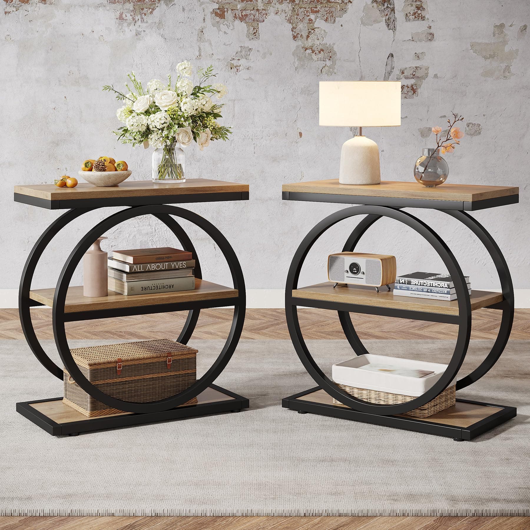 Tribesigns Side End Table with 3 Storage Shelves Set of 2, Industrial Sofa Table with Round Metal Frame for Living Room, Engineered Wood Nightstand for Bedroom, Oak