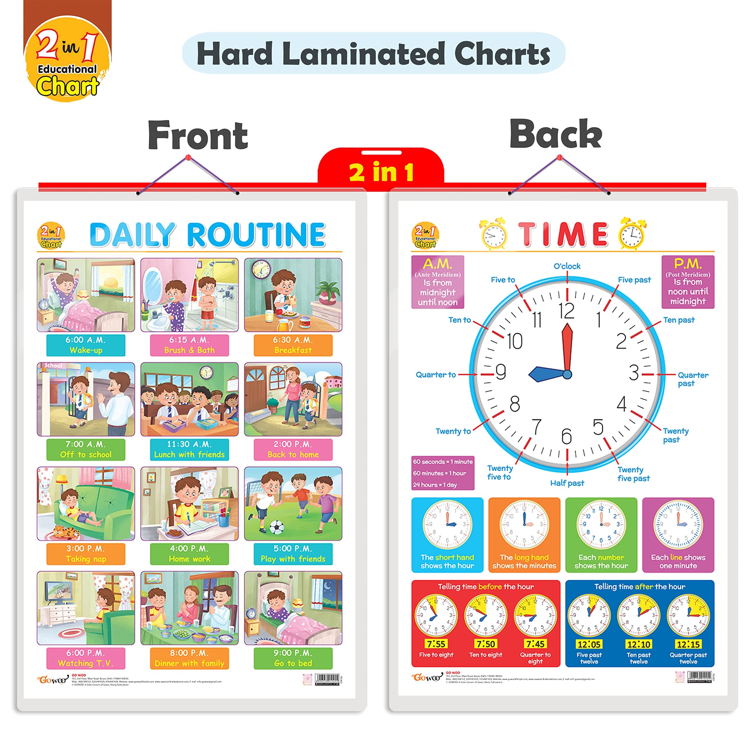 2 in 1 Daily Routine and TIME Early Learning Educational Chart for Kids | 20"X30" inch |Non-Tearable and Waterproof | Double Sided Laminated