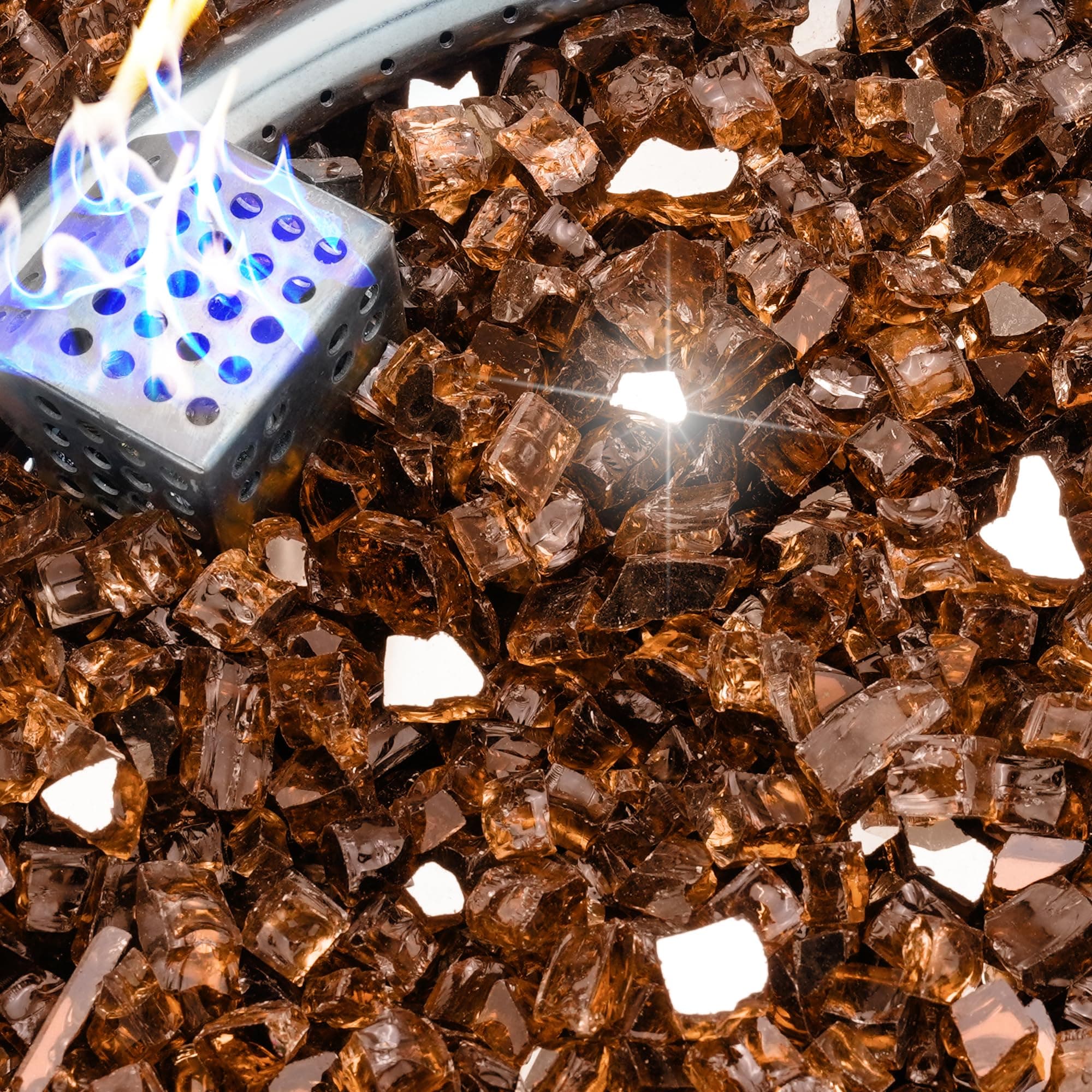 5 Pound Fire Glass, 1/2 Inch Reflective Fire Pit Glass, Tempered Firepit Glass Rock for Propane or Natural Gas, Glass Rocks for Fire Pit Table, Fireplace Glass for Landscaping, Copper