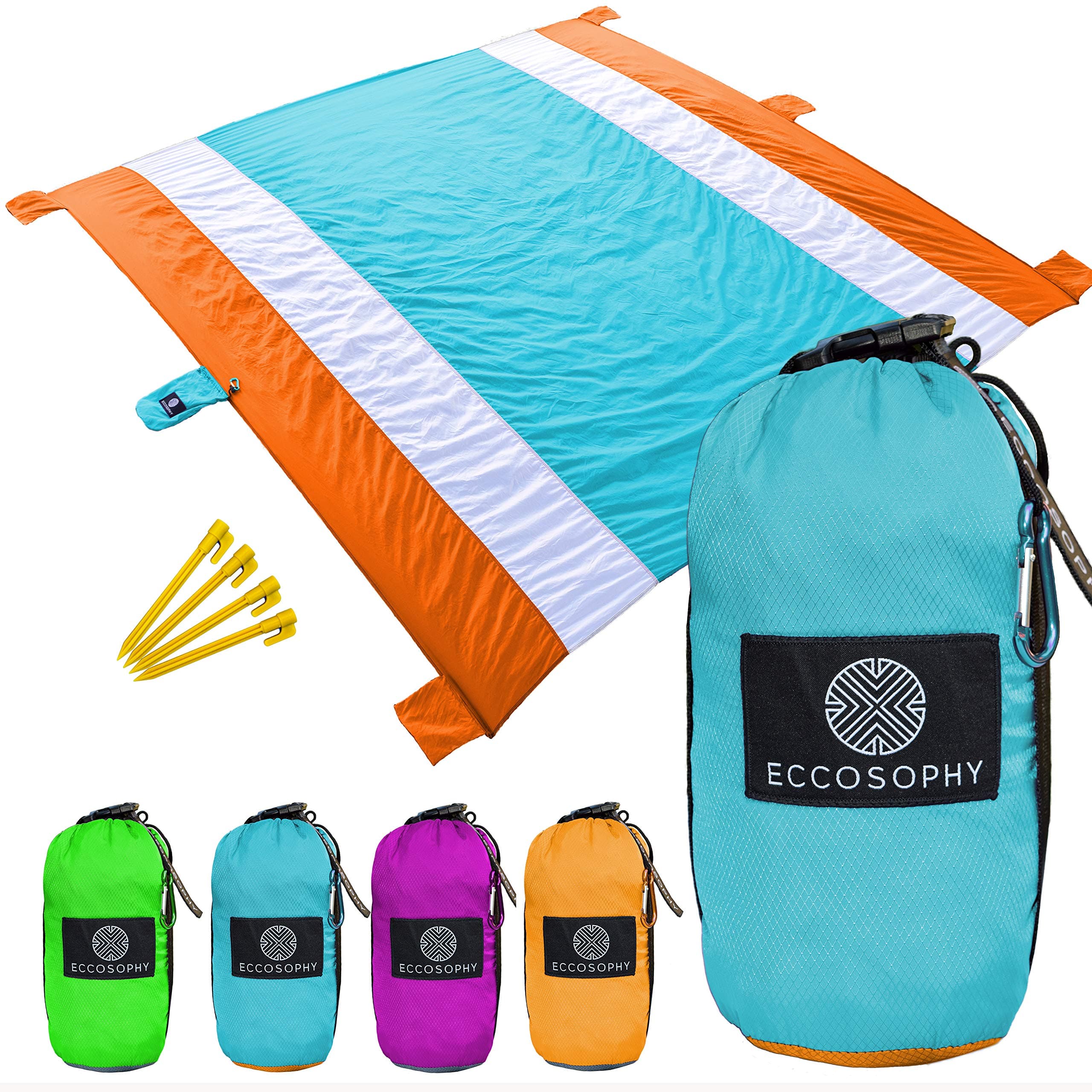ECCOSOPHY Outdoor Beach Blanket Sand proof Oversized 9x10ft– Portable Compact Lightweight Beach Mat-Water/Heat Resistant- Soft Durable Parachute Ripstop Nylon–Picnic Mat for Camping Travel(Light Blue)