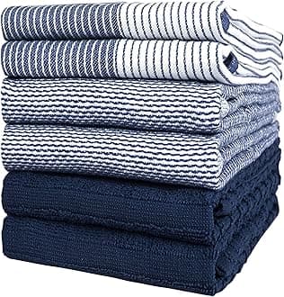 Bumble Kitchen Hand Dish Tea Towels – Bulk Set of 6 – Luxe, Soft, Durable Ring Spun Cotton with 3 Different Textures – Extra Large 20" x 28" / 50 x 70 cm Size (Blue)