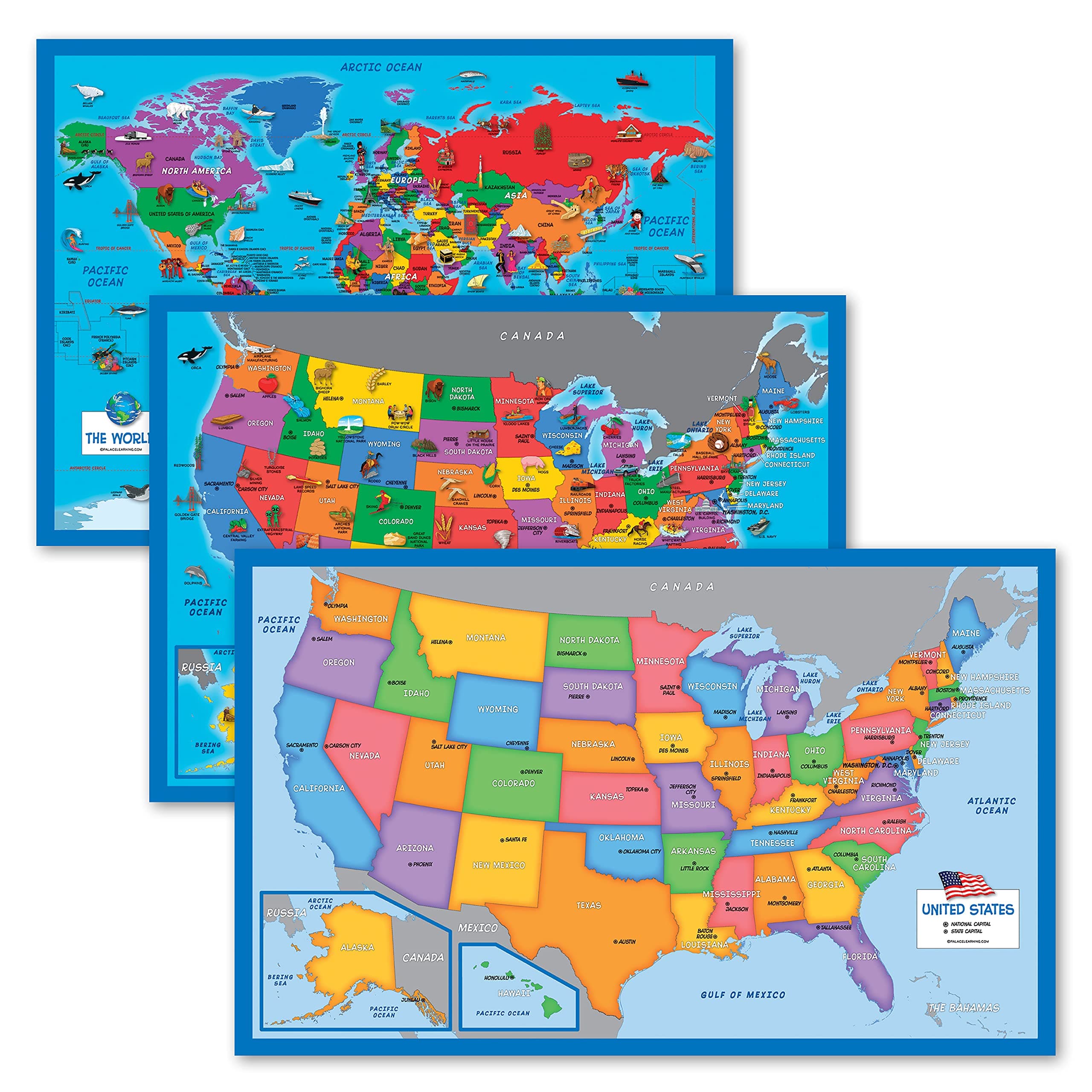 3 Pack - World & USA Map Chart [Illustrated Short] + Simplified USA Map for Kids (Laminated, 18” x 24”)