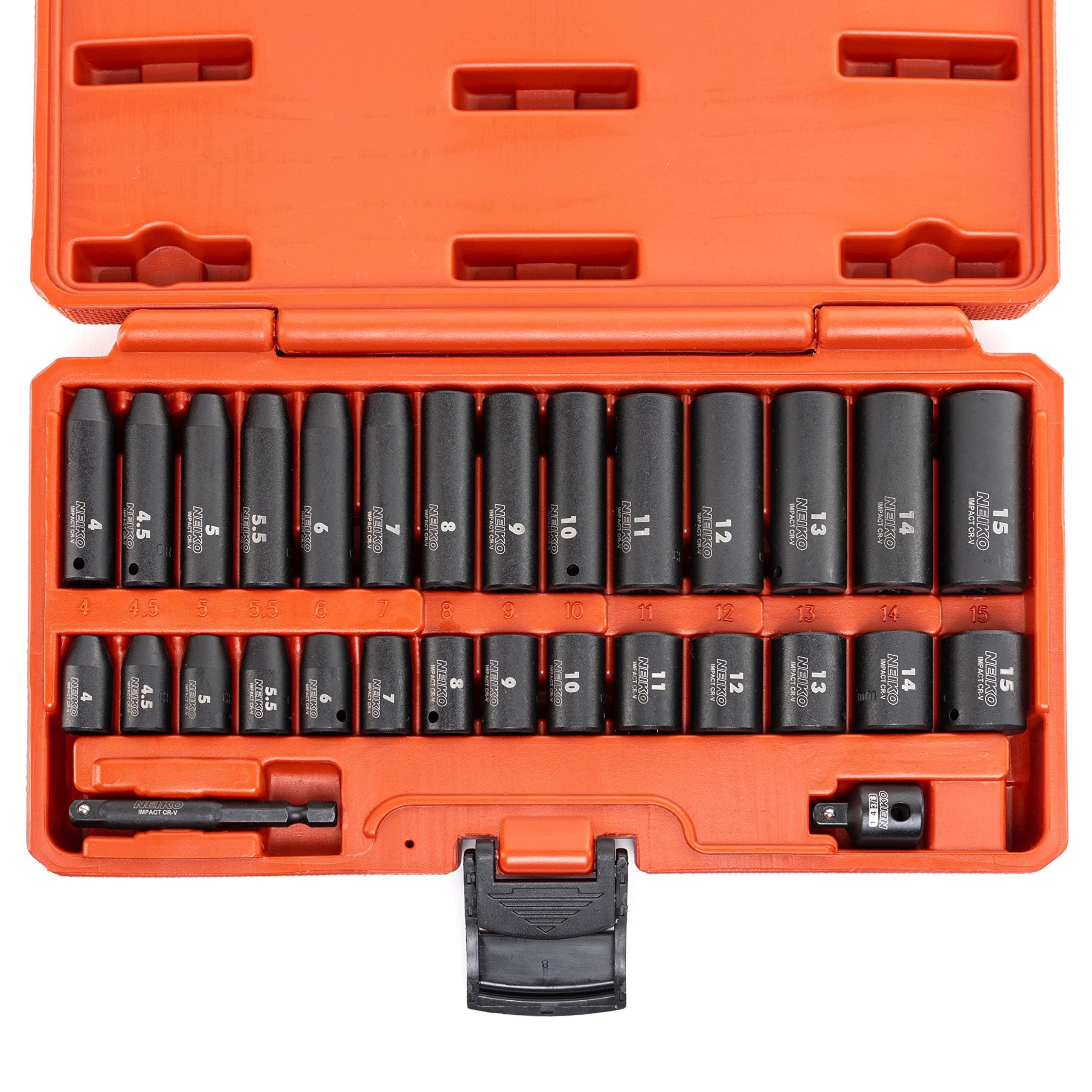 NEIKO 02481A 1/4" Drive Impact Socket Set | 30 Piece | Metric Sizes 4 – 15 MM | Deep and Standard Shallow Sockets | Chrome Vanadium Steel | 3/8” to 1/4” Reducer | Hex Shank Socket Impact Adapter