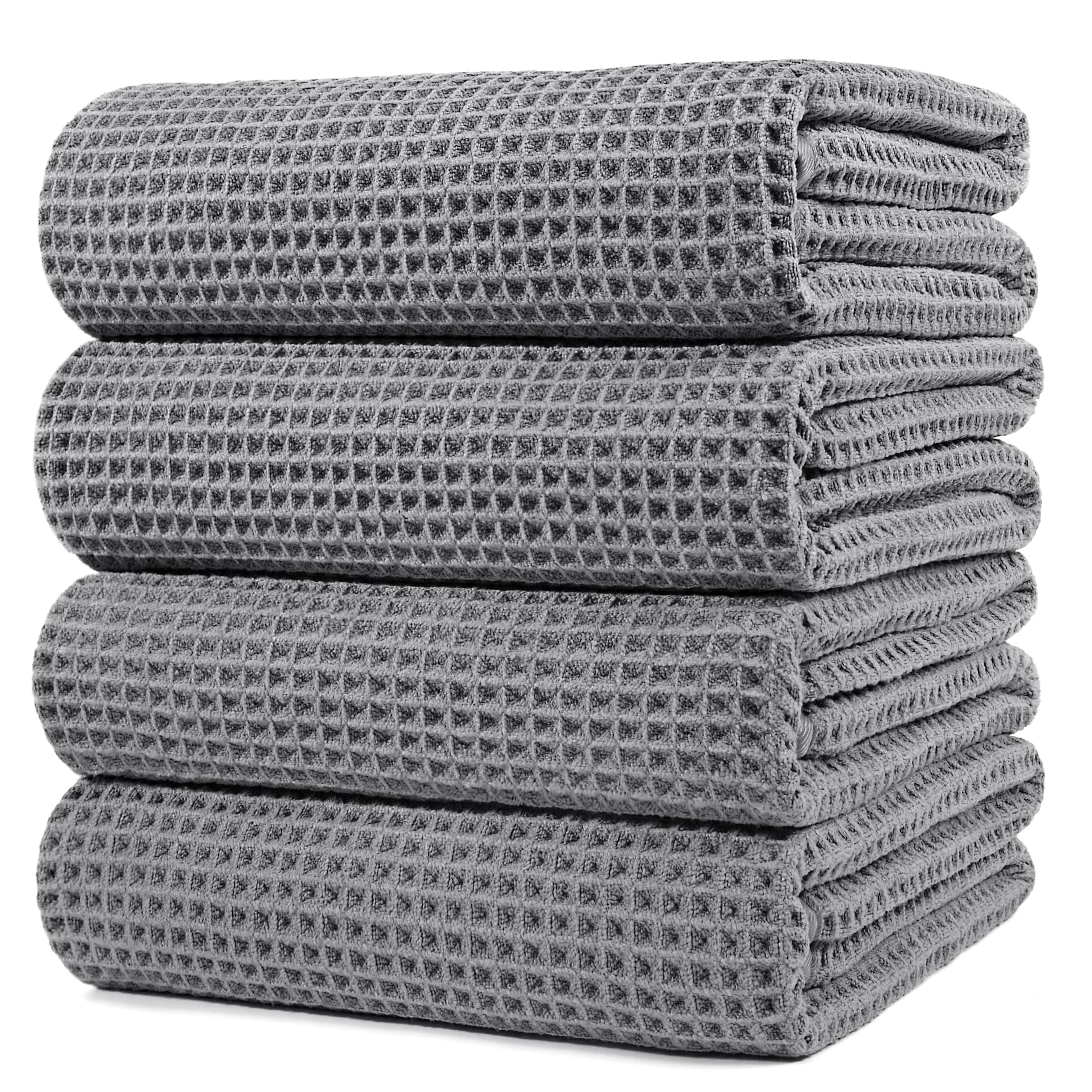 POLYTE 430 GSM Microfiber Oversize Quick Dry Lint Free Bath Towel, 60 x 30 in, 4 Pack (Waffle Weave)