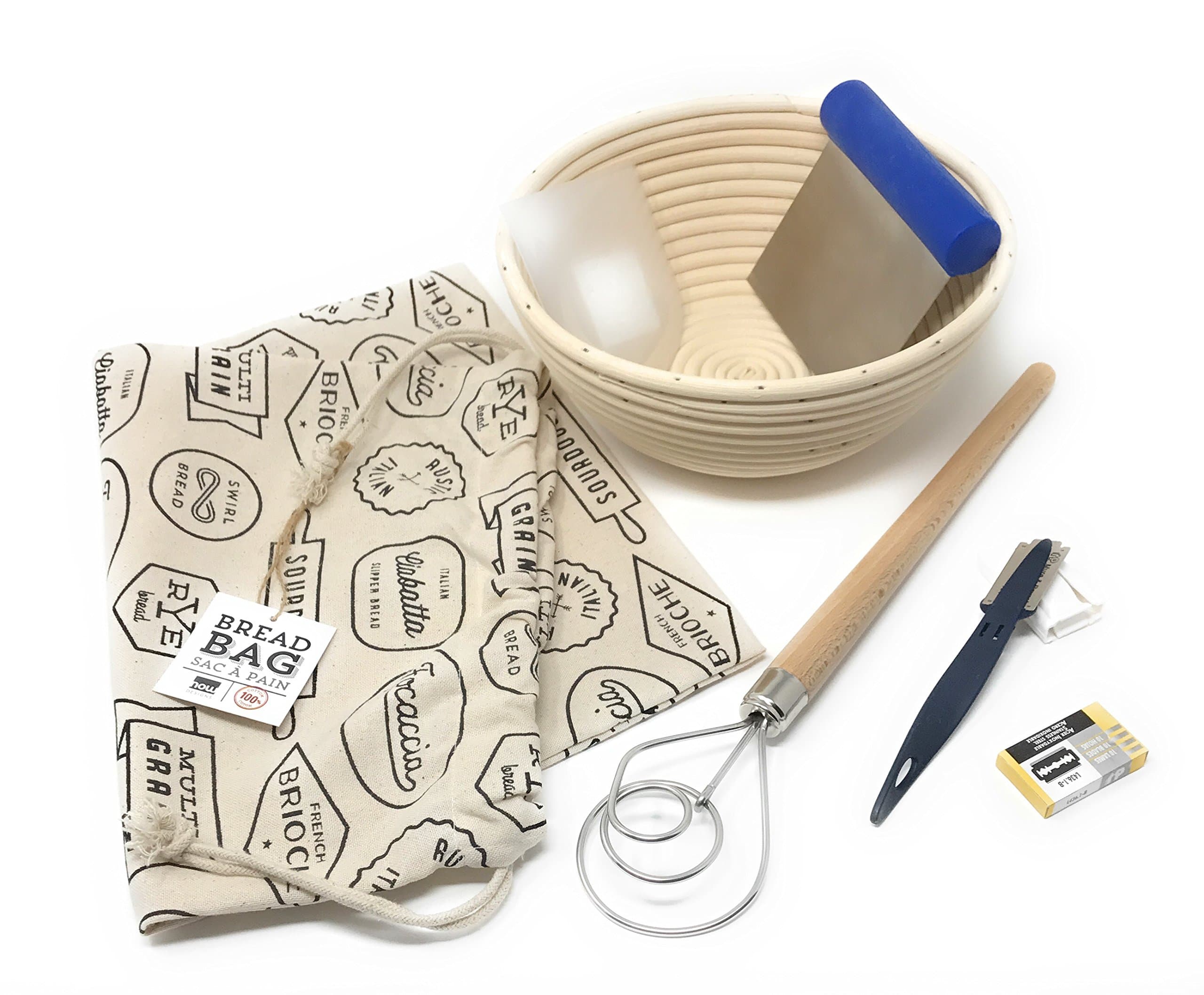 7-Piece Bread Baking Set - Round Banneton Rattan Bread Rising Basket 8 Inch, Mure & Peyrot Bread Scoring Lame, 10-pk Replacement Blades, Dough Cutter, Scraper, Danish Dough Whisk, Bread Bag – Bundle