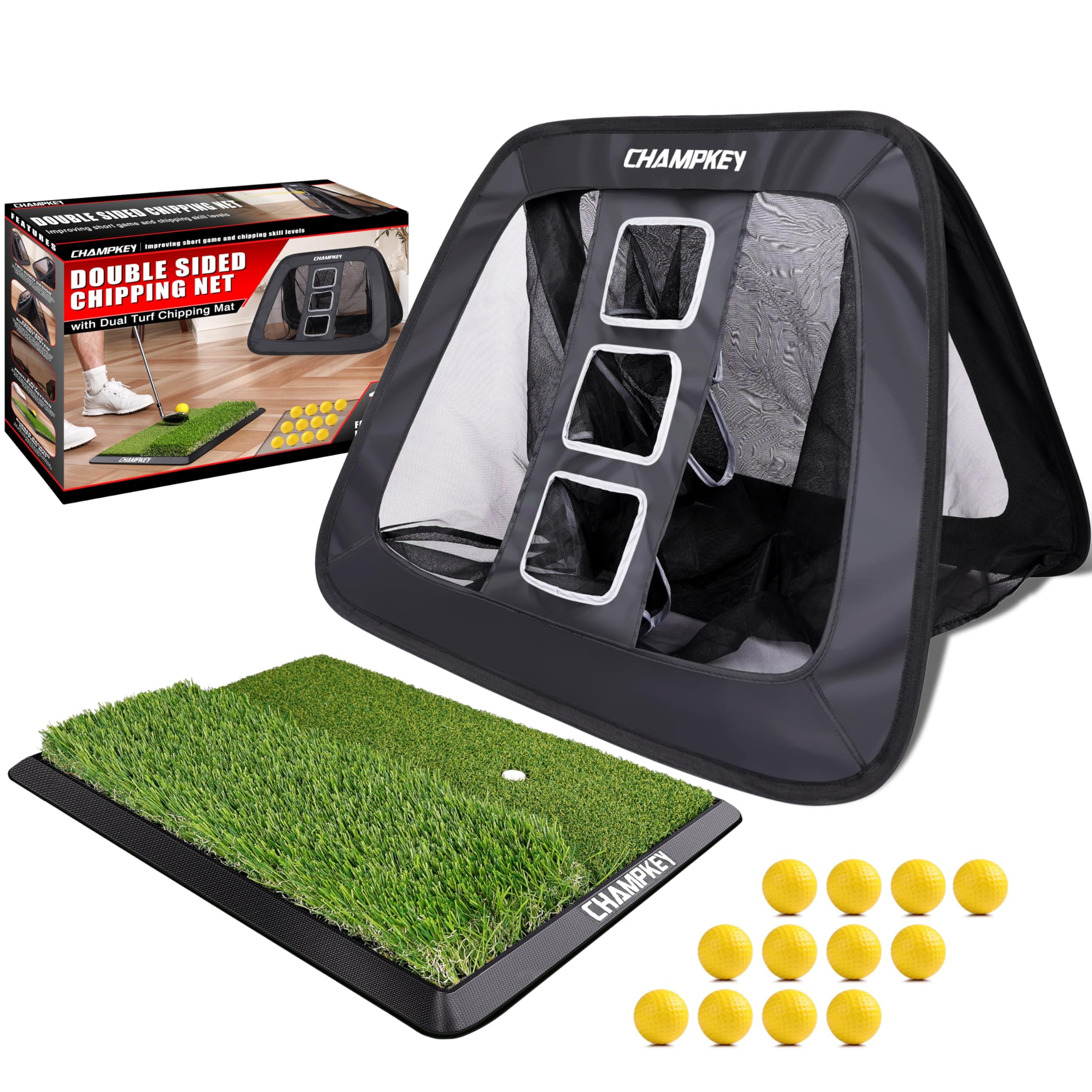 Double -Sided Golf Chipping Net with Mat and 12 Foam Balls - Professional Golf Practice Net Ideal for Indoor and Outdoor Training