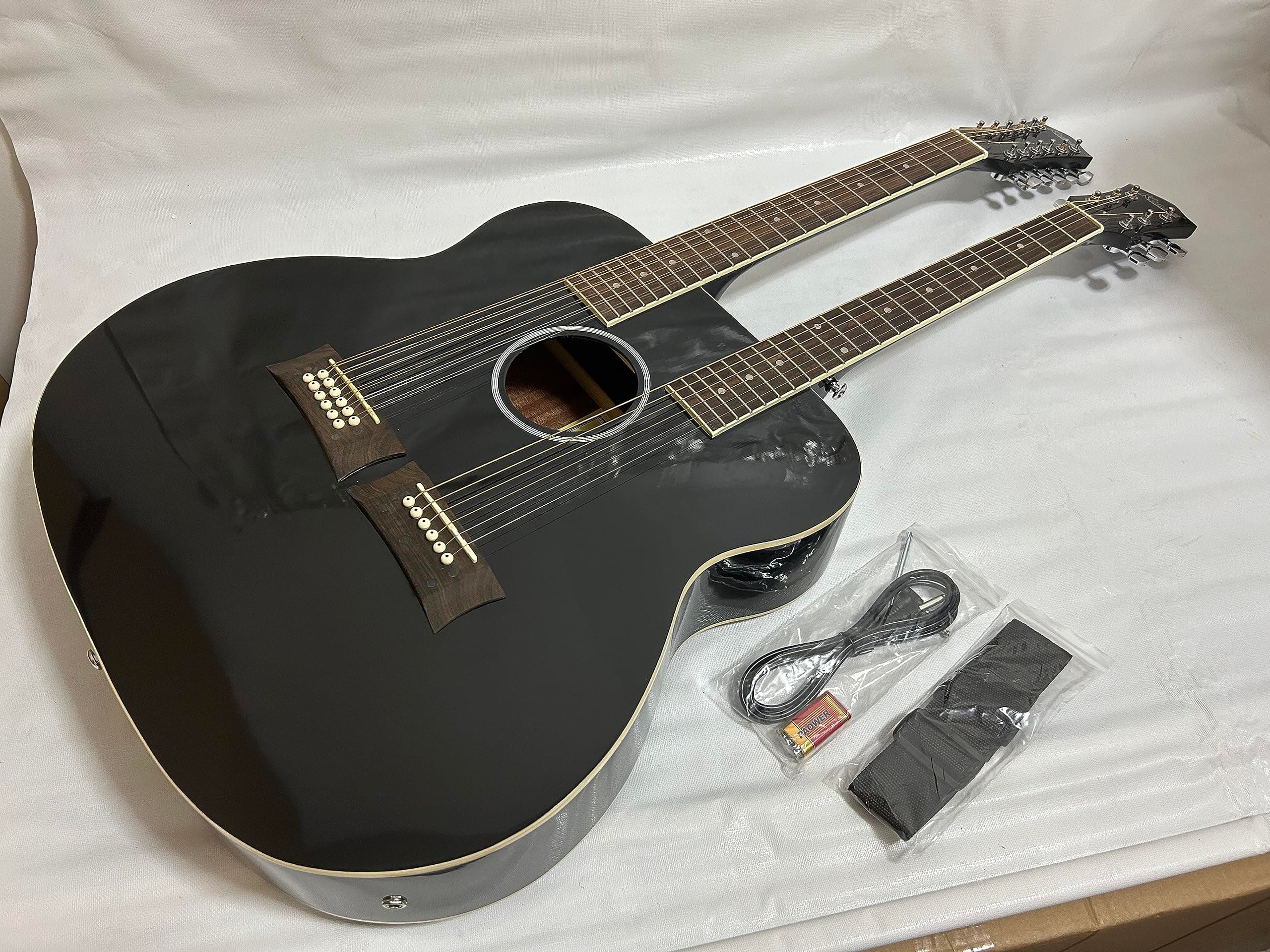 Ktone 6/12 String Acoustic Electric Double Neck Guitar, Black with Case