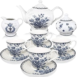 BTäT - Tea Set, China Tea Set, Tea Service, Tea Cups (8oz), Creamer and Sugar Set, Tea Cups and Saucer Set, Tea Pot, Tea Set for Adults, Tea Cups Set of 4, Blue Dream Tea Set, Porcelain Tea Set, Cups