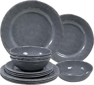 12 Pcs Vintage Melamine Dinnerware Sets, Durable Set Of 4 Plates and Bowls Set, Lightweight Dishes Dinnerware Sets for Indoor and Outdoor Use, BPA Free,Cool Gray
