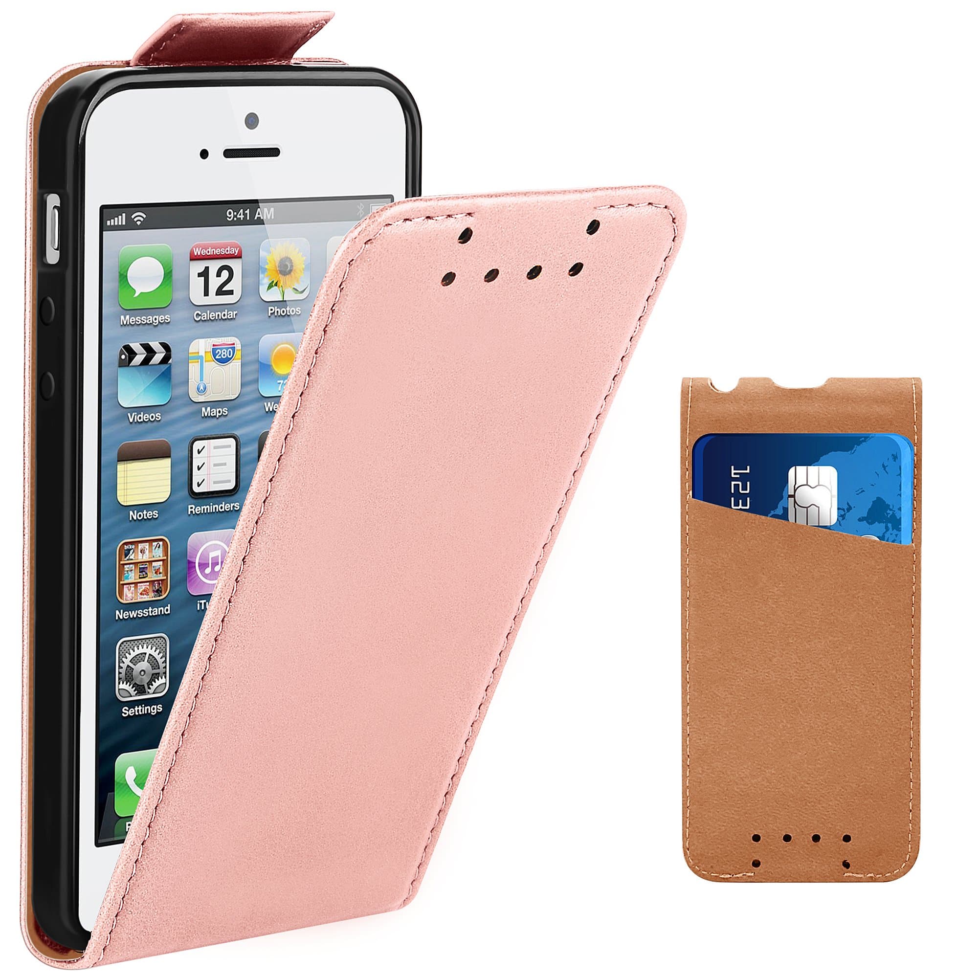 iPhone SE Case, Supad Leather Flip Wallet Slim Case Cover For Apple iPhone SE 5S 5 (Rose Gold)