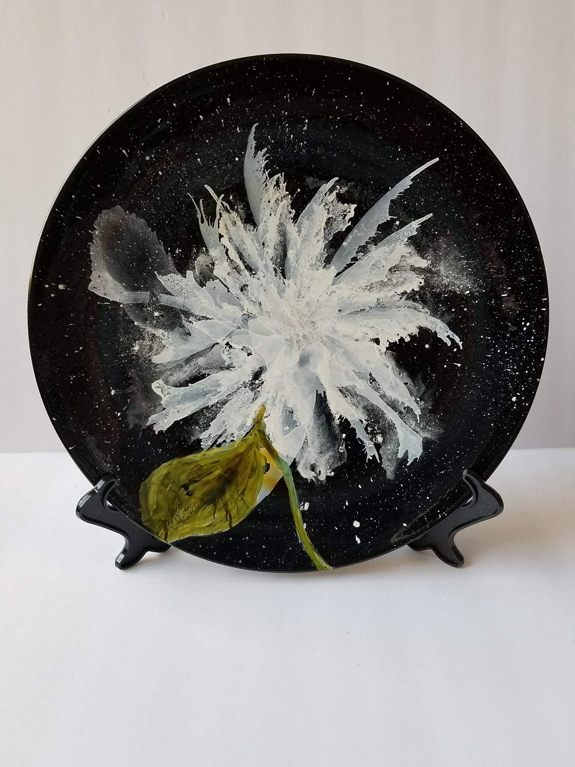 Unique modern abstract hand painted with alcohol ink white on black 2 floral decorative ceramic collectors plate.